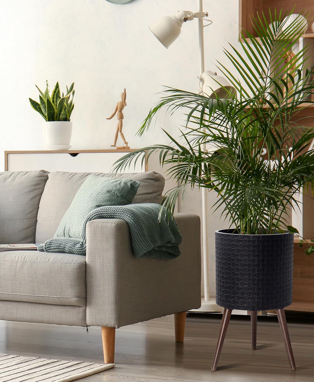 D'vine Dev 14 Inch Modern Geometric Tile Patterned Sleek Planter Pot with Stand, Indoor Outdoor Decorative Plant Holder, Distressed Black, 88-Z-D-5