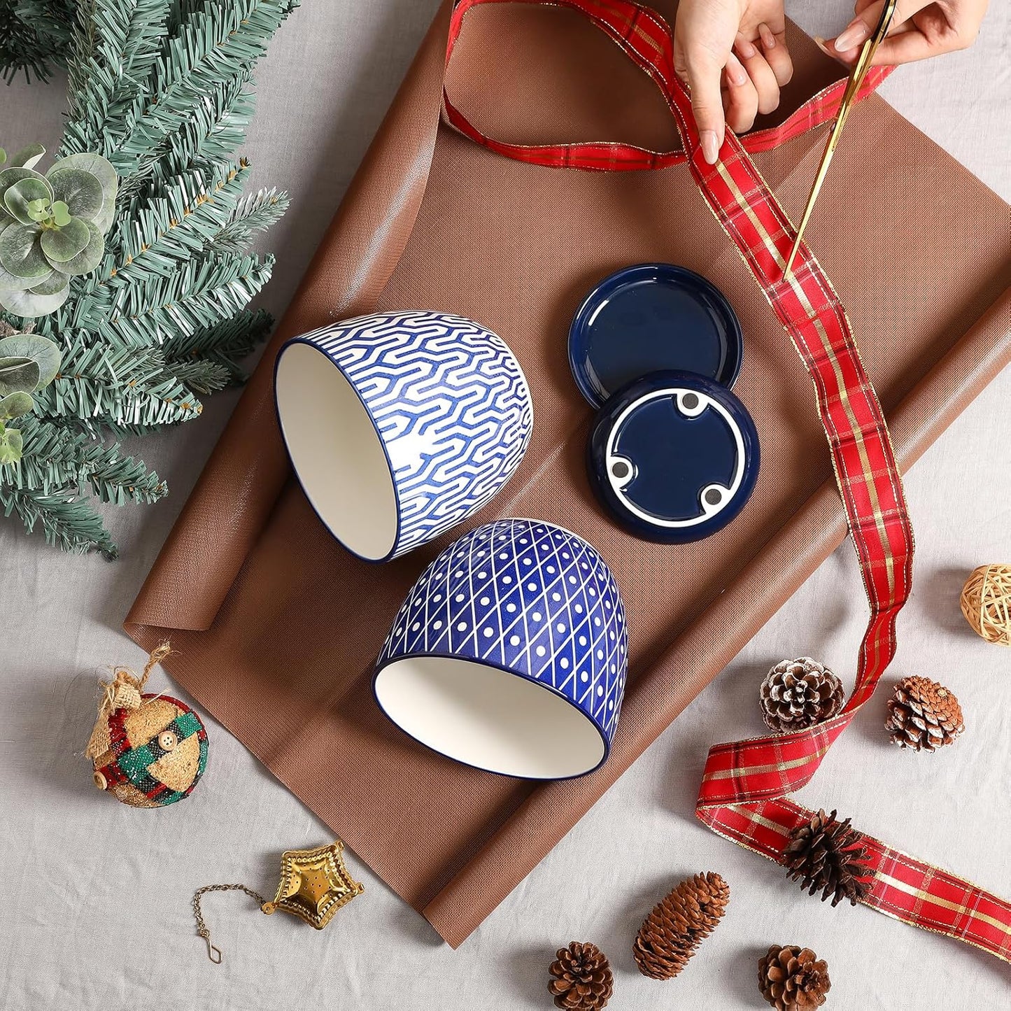 Selamica Ceramic Plant Pots, 5.6 Inch Flower Pots for Indoor Plants with Drainage Hole and Saucer,Home Decor, Set of 4, Vintage Blue