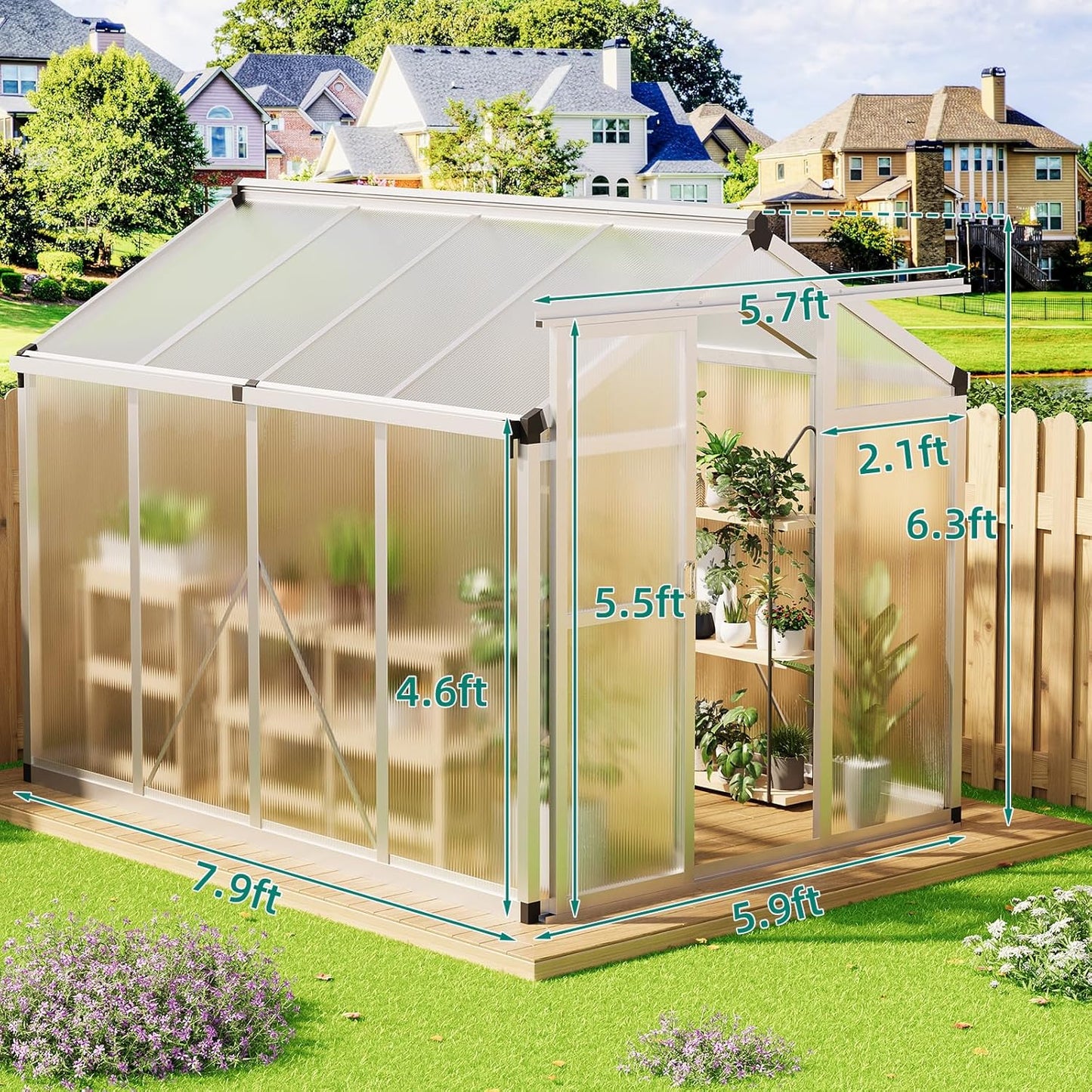 6x8 FT Greenhouse for Outdoors, Aluminum Greenhouse with Quick Setup Structure and Roof Vent, Polycarbonate Greenhouses Heavy Duty, Large Walk-in Green House for Winter Garden, Backyard, Patio, Lawn