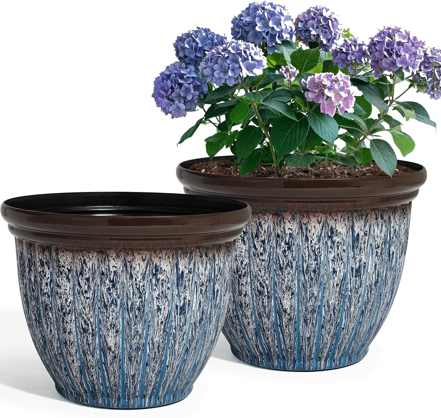 15" D Large Flower Pots, 2-Pack Big Planters for Indoor Outdoor Plants, UV-Protect PP Container for Garden Patio Yard Balcony Porch or Home Decor, Artistic Floating Blue & Brown Glaze