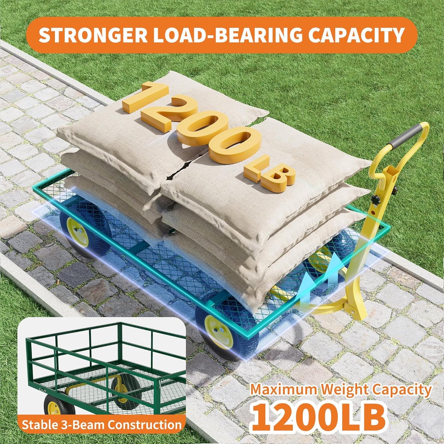 3-in-1 Heavy-Duty Steel Garden Cart, 1200 Lbs Garden Wagon, with 13 Inch All-Terrain Tires and Removable Mesh Side Panels, 180° Rotating Handle, Metal Multi-Function Carts, Outdoor Gardens Wagon Cart