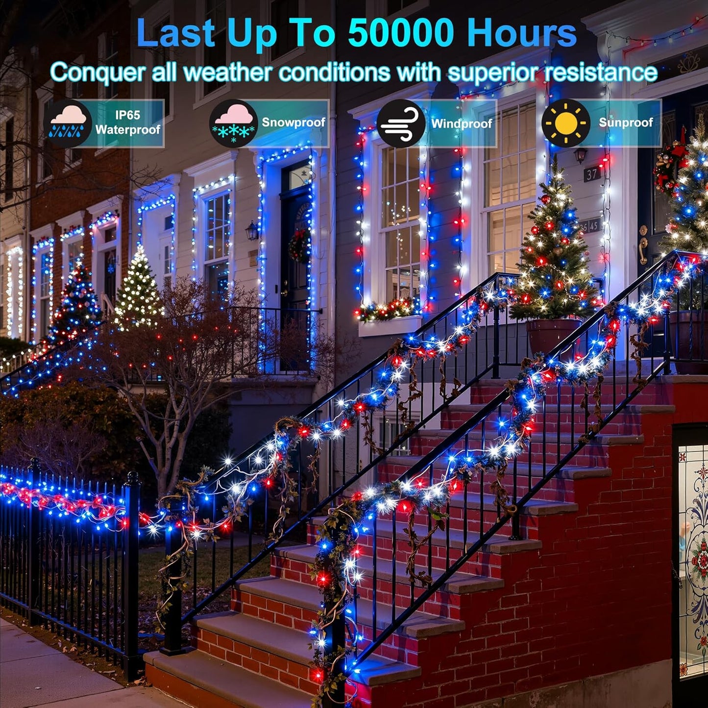 750LED Christmas Lights Outdoor Use, 240ft 12 Modes Red Blue and White LED String Lights with Timer Dimmable, Waterproof Christmas Tree Lights for Xmas Patio Yard Fence Balcony Garden Decor