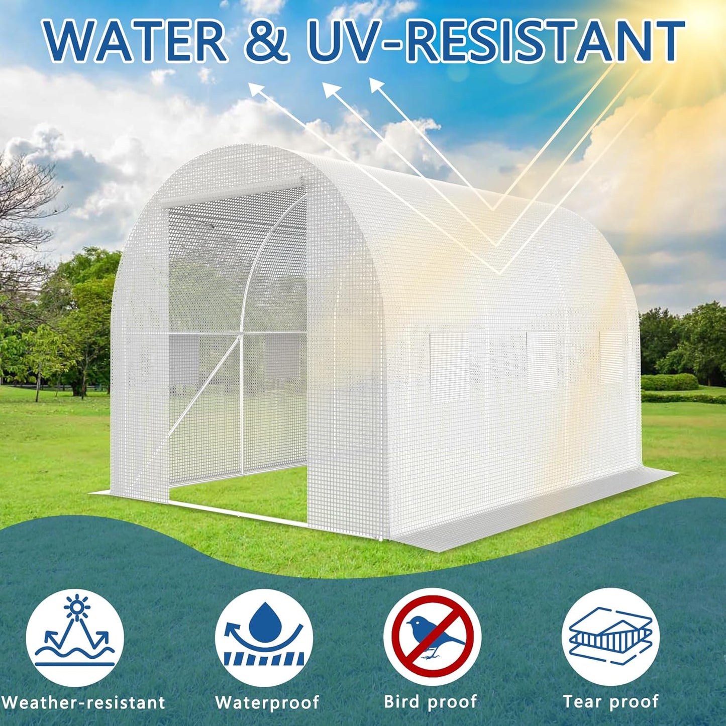 9.8*6.5*6.5FT Heavy Duty Greenhouse for Outdoors, Large Walk-in Green House with High Tunnel PE Cover & Irrigation Garden Sprinkler System for Winter, White