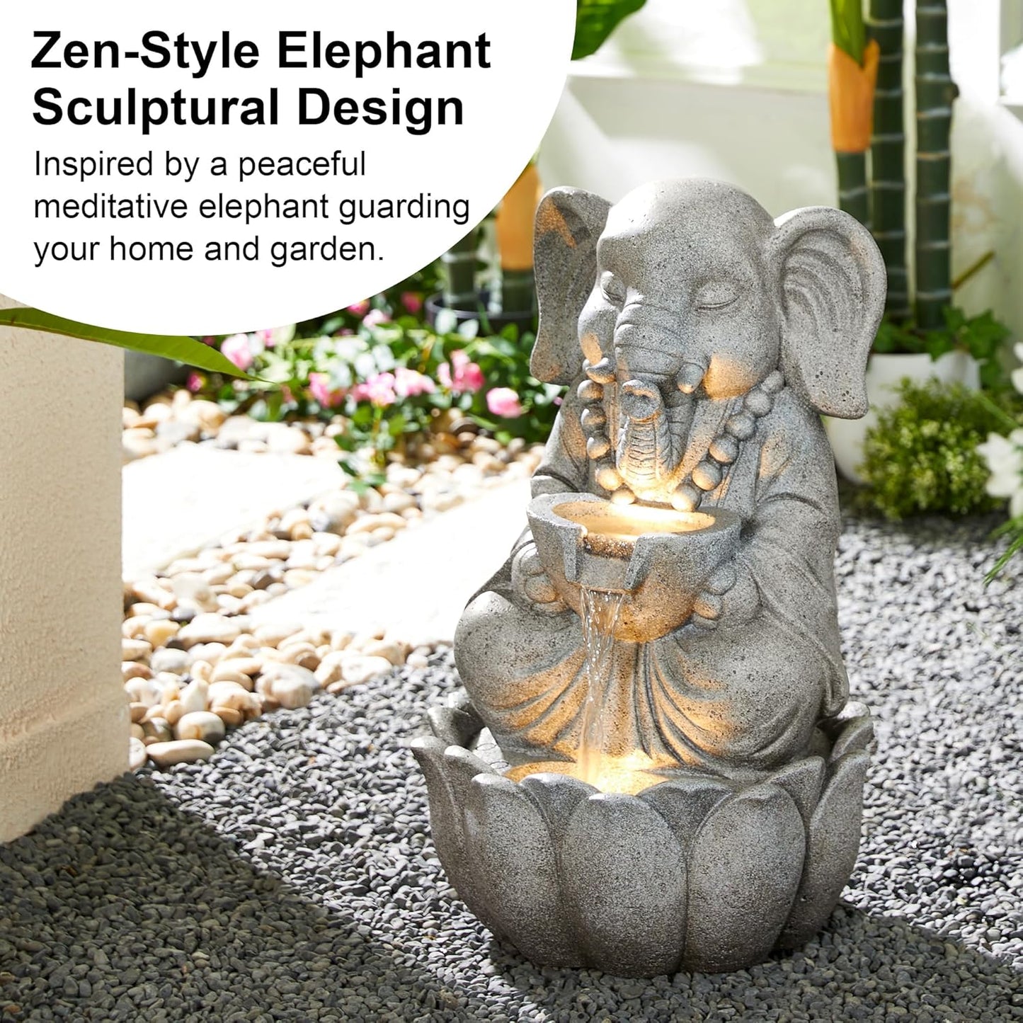 Glitzhome Outdoor Fountains and Waterfalls Zen-Style Concrete Resin Elephant Water Fountains with LED & Pump, Garden Patio Water Fountain Yard Fountain 2 Tier Floor Waterfall for Backyard Lawn 22" H
