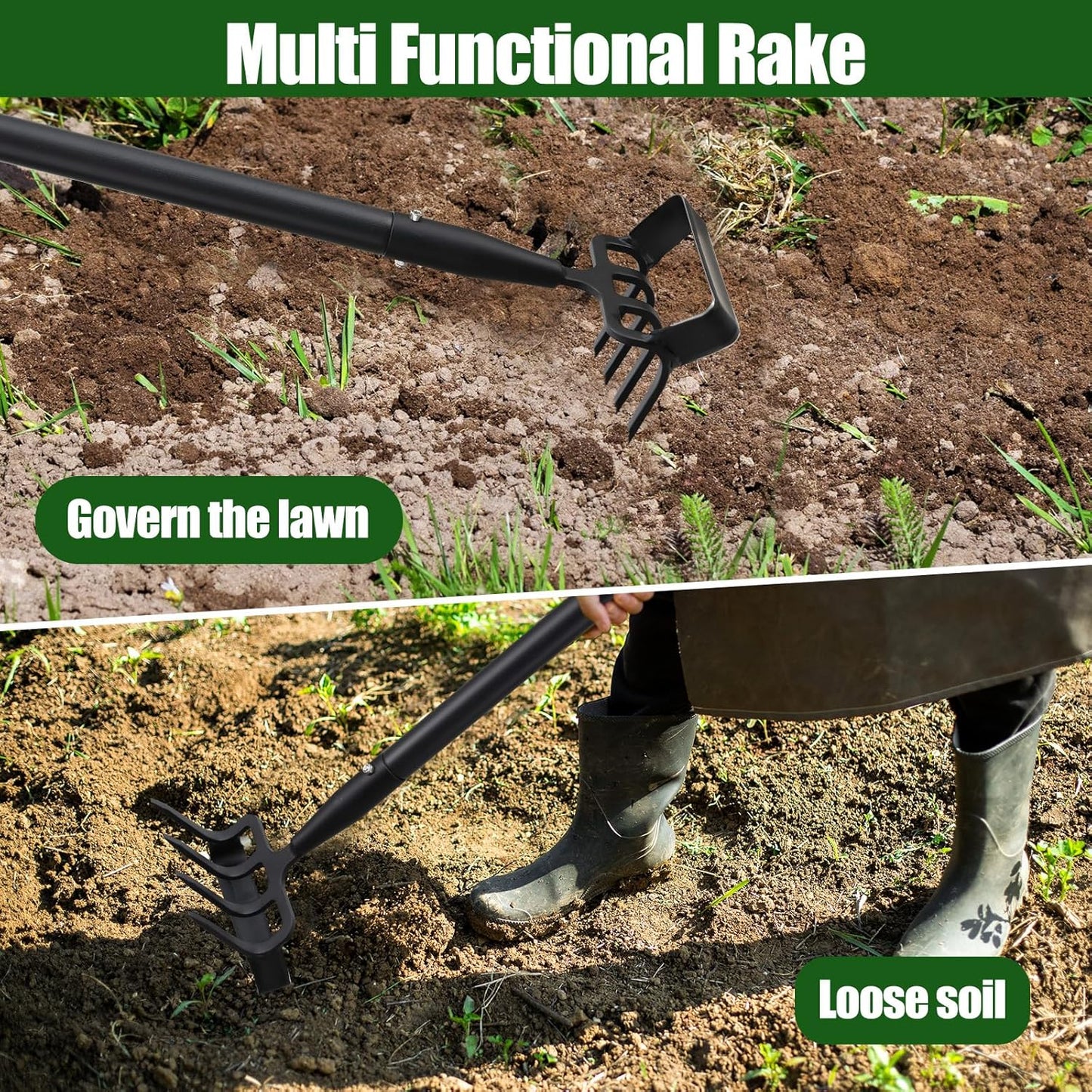 2-in-1 Garden Hoe Tool, Adjustable Length from 37 to 48inch, Ergonomic Design for Weeding and Raking, Durable and Rust-Proof Blade, Save Time and Effort