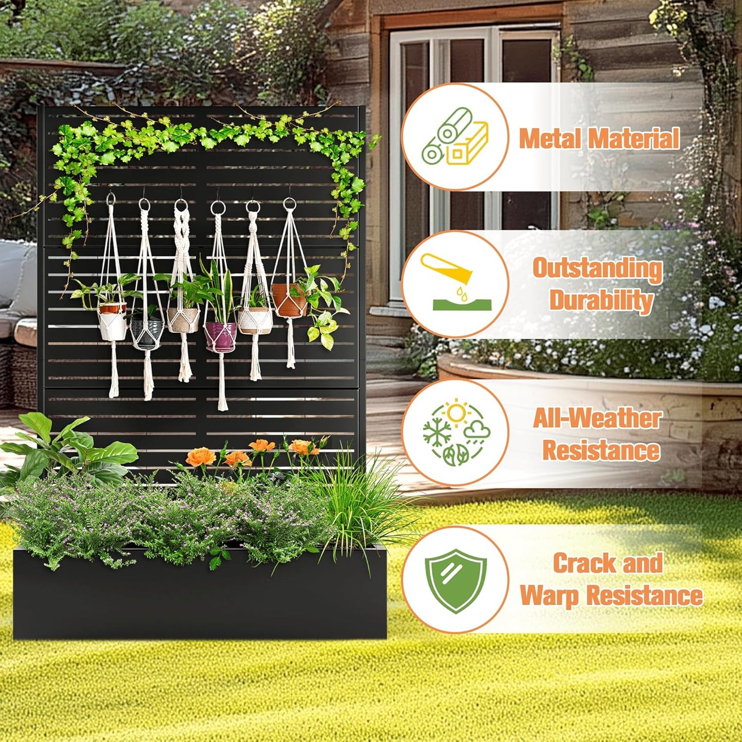 Metal Planter Box with Trellis Raised Garden Bed with Trellis 71"x47"x16", Trellis with Planter Box & Privacy Screen, Metal Planter Box for Climbing Plants, Vegetable, Vines(Black, Louvered)