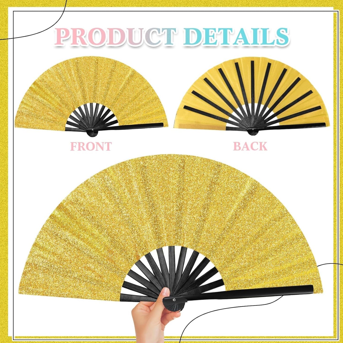 Maitys 2 Packs Large Clap Fans for Line Dancing Large Chinese Folding Hand Fans for Men and Women, Festival, Tai Ji, Kungfu, Martial Art, Gifts (Glitter Black and Gold)
