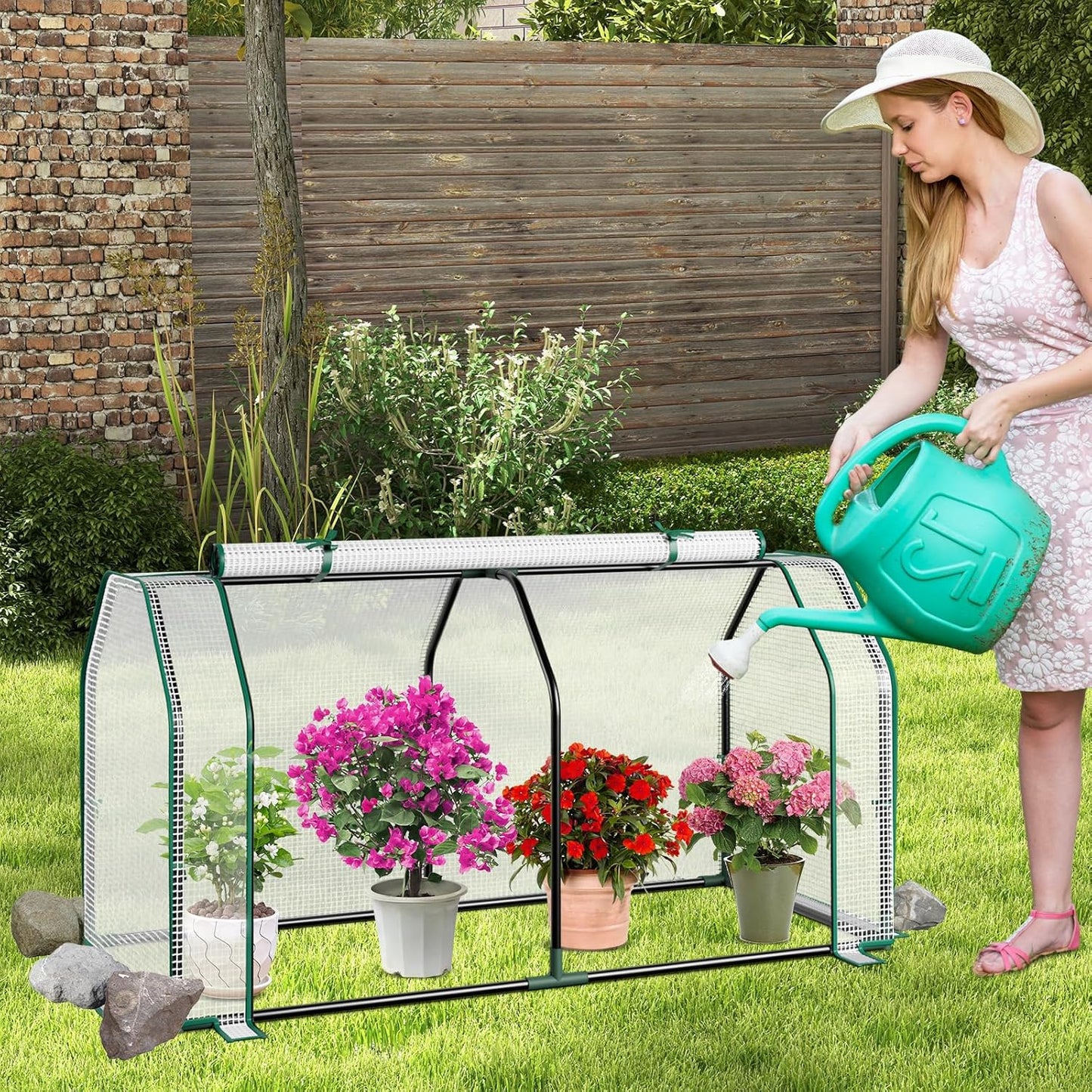 Happygrill Portable Mini Greenhouse w/Roll-up Zipper Door & All-Weather PE Cover, Outdoor & Indoor Greenhouse for Raised Garden Bed, Vegetables, Flowers, Patio, Lawn, Yard, Balcony