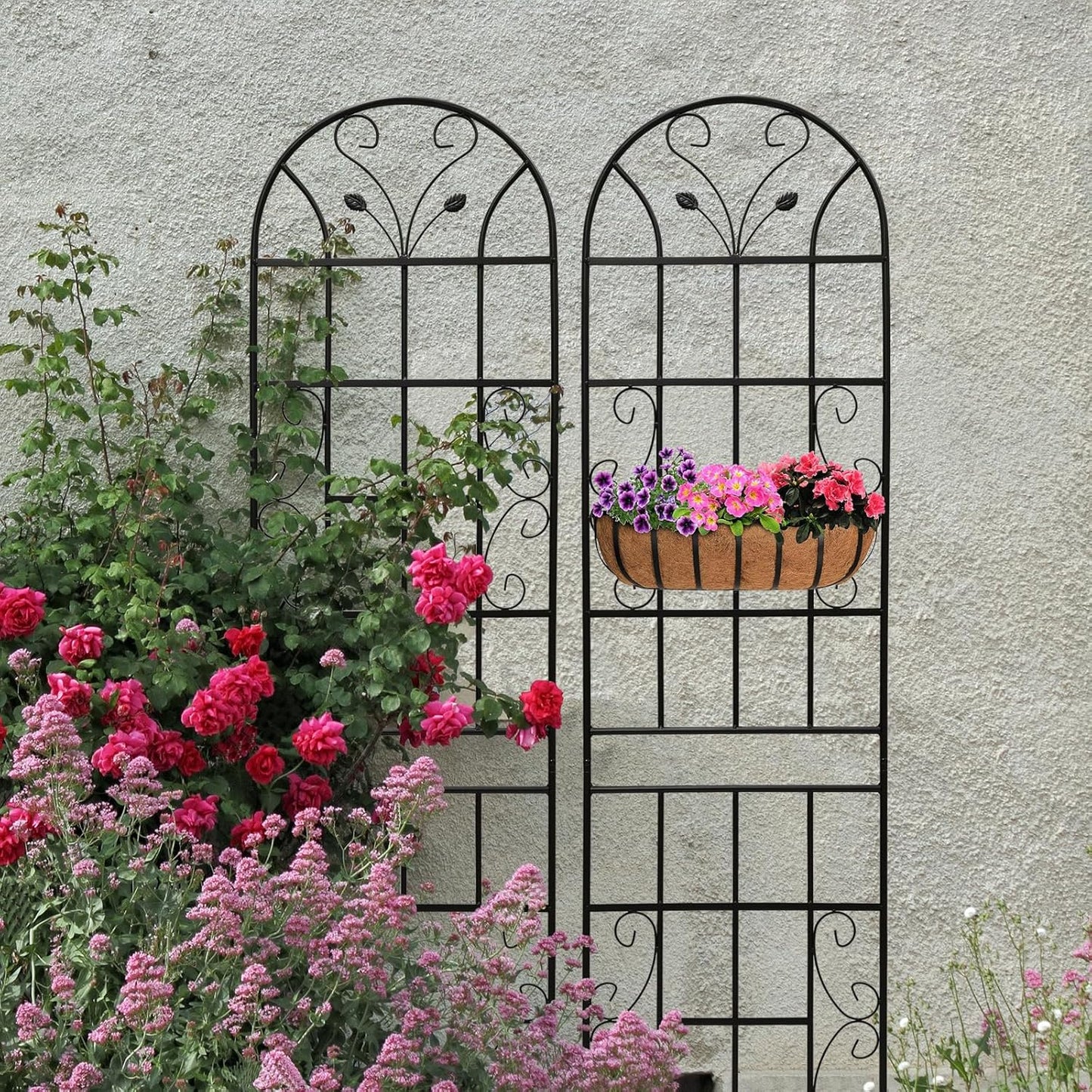 4 Pack Metal Garden Trellis for Climbing Plants, 86.7" Tall Rustproof Outdoor Trellis Panel with Vine Lines Design, Decorative Black Iron Plant Support for Vine, Rose, Flower, Garden Wall