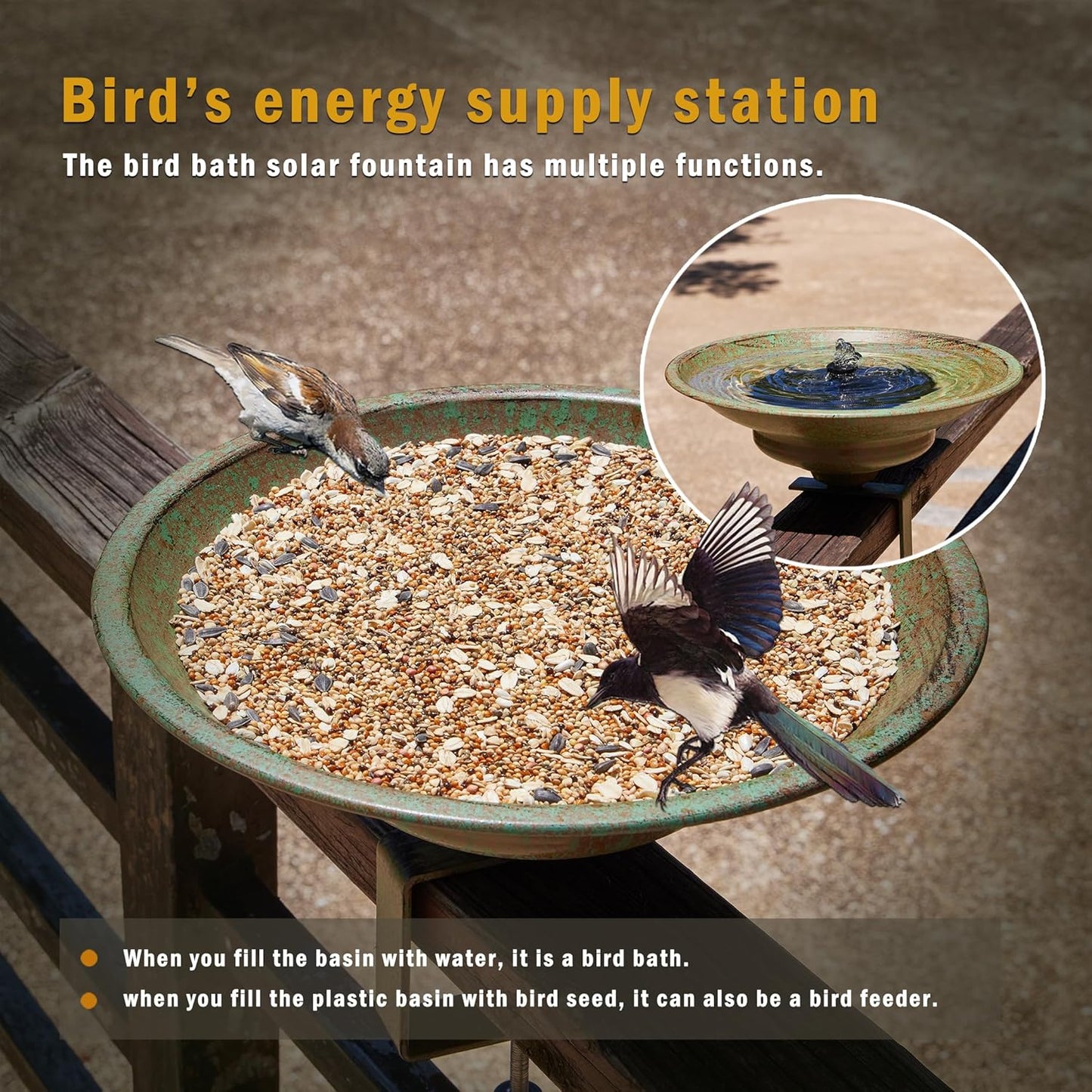 Solar Bird Bath,Deck Bird Bath with Solar Fountain,Metal Bird Bath Bubbler,Deck Mounted Bird Bath,Balcony Bird Bath,Patio Garden Decor