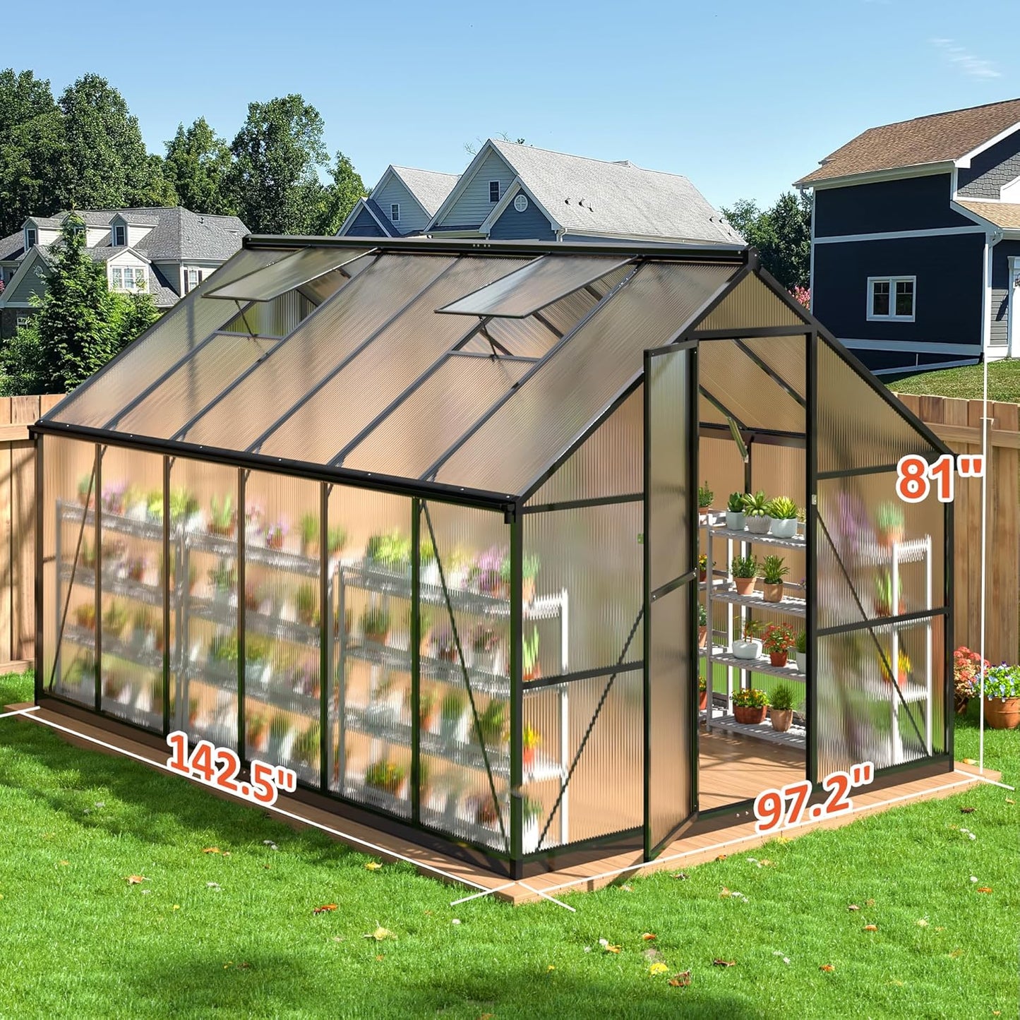 8×12 FT Greenhouse for Outdoors, Quick Setup Polycarbonate Greenhouse with Roof Vent, Walk in Green Houses for Outside for Outdoor Garden Backyard, Black