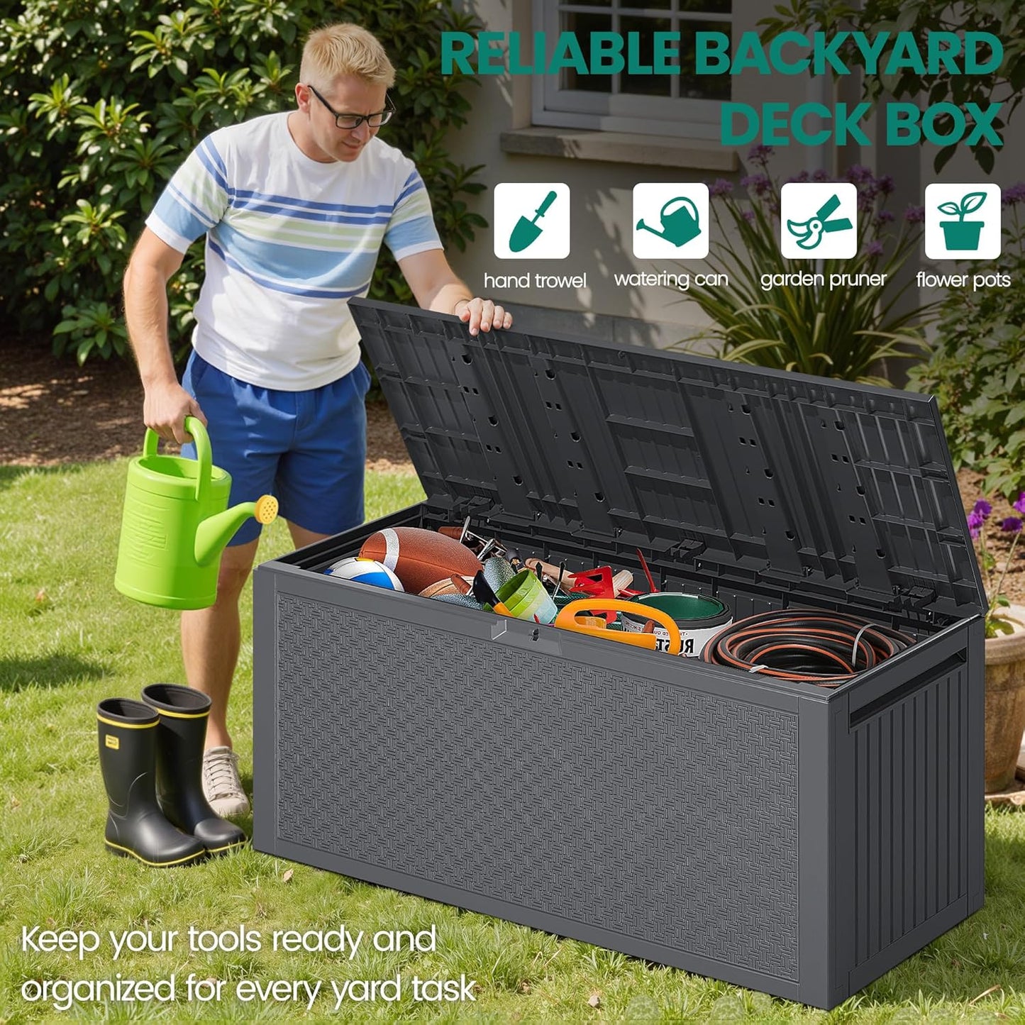 90 Gallon Outdoor Deck Box, Waterproof Outdoor Deck Box, Durable Resin Bin for Patio Cushions, Garden Tools and Pool Accessories, Lockable with UV Protection, Dark Gray, Patio Furniture (90 Gal Gray)