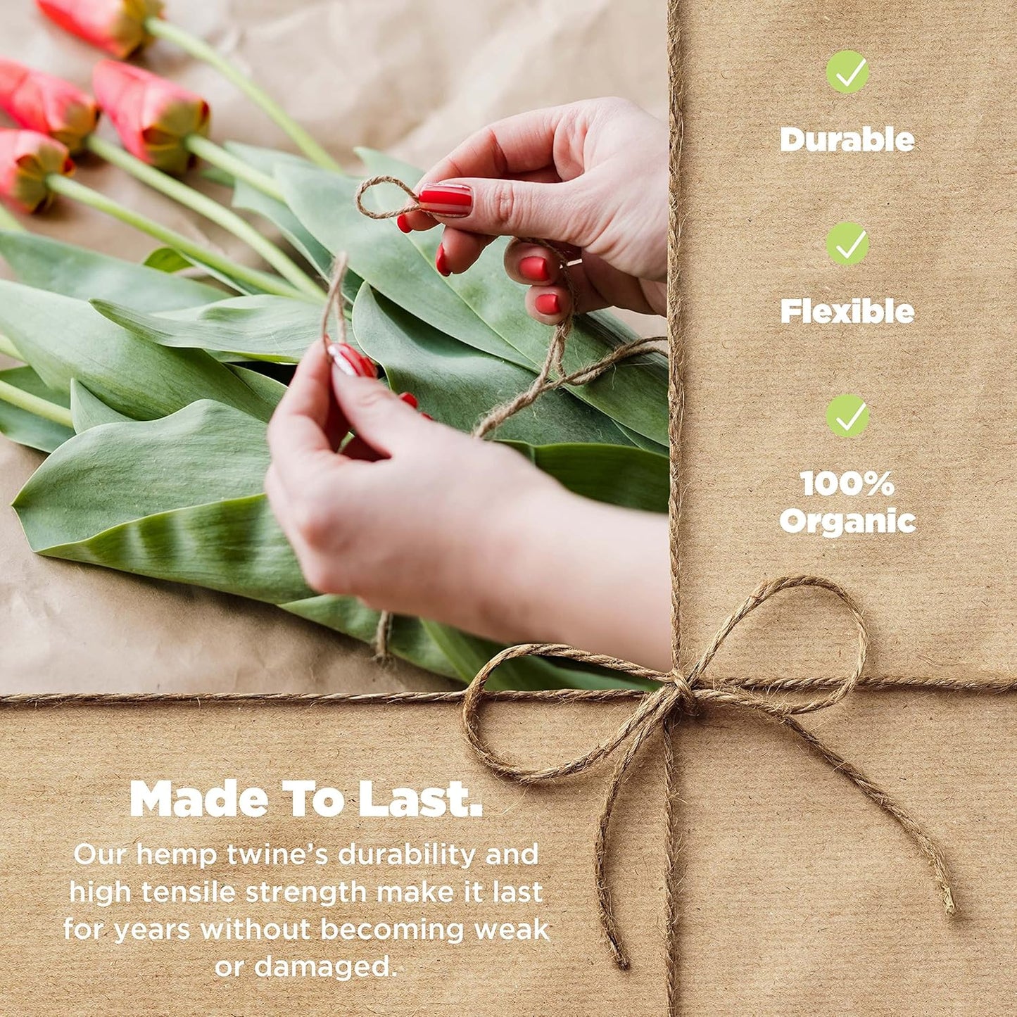 Hemp Twine for Gardening - Twine for Crafts - Organic Natural Hemp String for Jewelry Making - Strong Durable Cord for Decoration, Macrame + Cooking - 2MM 200G/265 Ft. - 48 lb. Test Strength - Natural