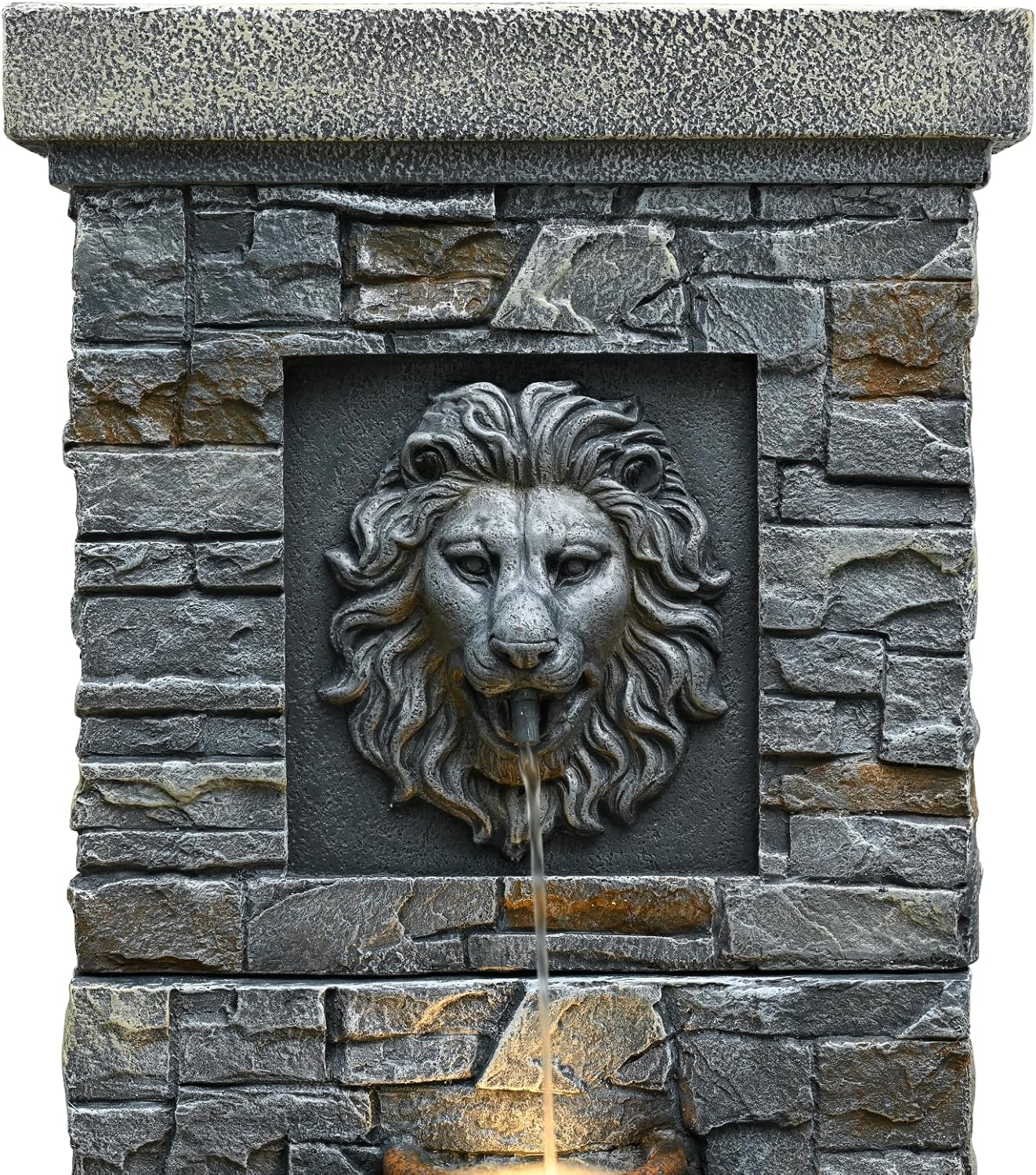 42'' Outdoor Garden Floor-Standing Water Fountain Lion Head Stone with Lights Outdoor Waterfall for Patio, Backyard, Deck, Porch and Home Art Decor