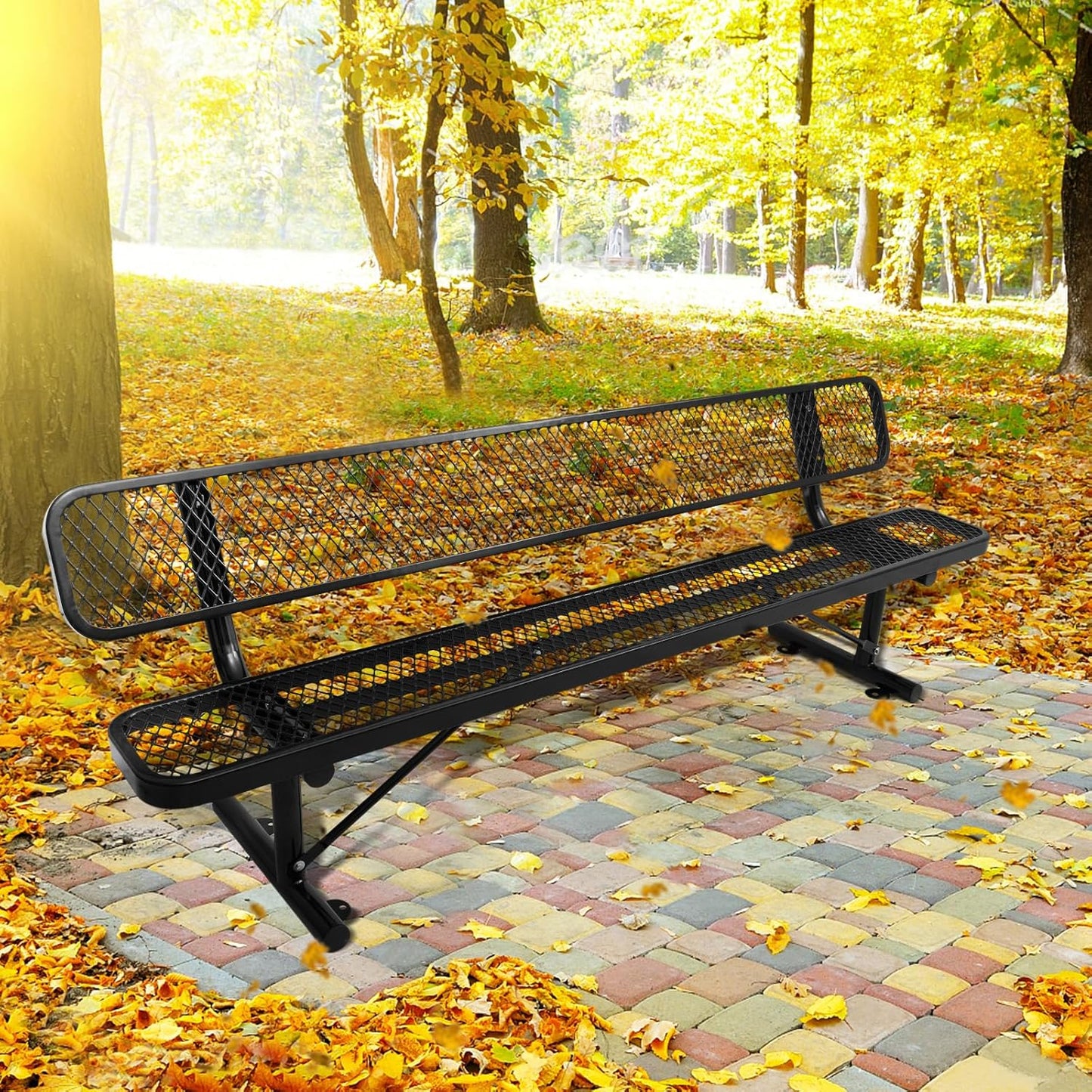 6Ft Outdoor Bench with Back Portable Frame, Outdoor Steel Park Bench with Backrest, Expanded Metal Mesh Bench for Outside, Lawn, Backyard, Park, Deck, Garden, Patio, Porch, Black