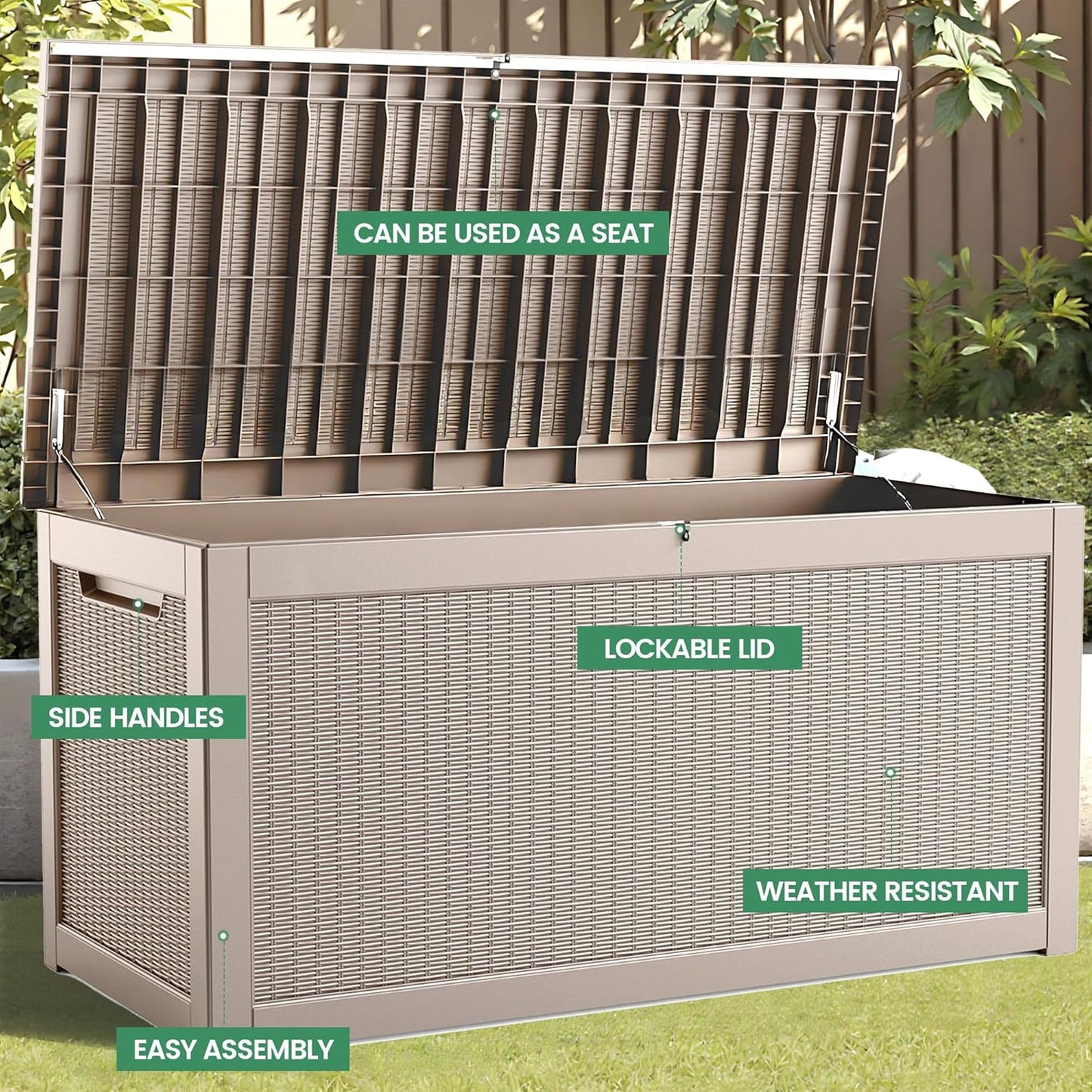 260 Gallon Storage Box, Waterproof Resin Deck Box with Steel Support & Hydraulic Rod, Lockable Storage Bench for Indoor & Outdoor Use, Storage Bin for Patio Cushions, Garden Tools, Grey