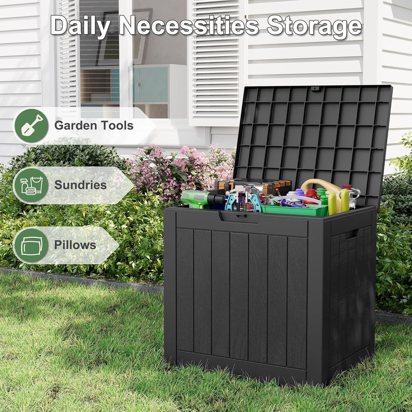 33 Gallon Outdoor Storage Box, Waterproof Resin Deck Box for Indoor & Outdoor Use – Lockable Patio Storage Bin for Garden Tools, Package Deliveries, Pool Accessories, Sports Gear & Furniture-Black