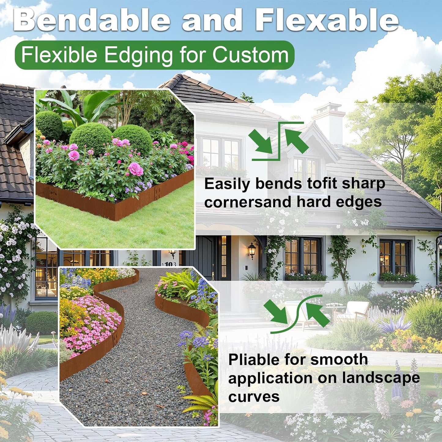 Heavy-Duty Cor-Ten Steel Landscape Edging (8" H x 40" L) - 6-Pack (20 Ft Total) | Pre-Rusted, Weatherproof Garden Border | Hammer-in, No Dig, Bendable Design for Lawns, Flower Beds & Trees
