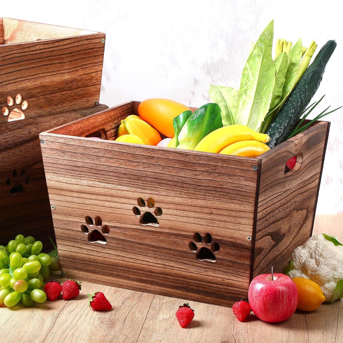 3 Pack Rustic Wooden Crates Hollow Claw Wooden Storage Boxes with Handles Dog Toy Box Large Handmade Farmhouse Decorative Wood Crate for Display
