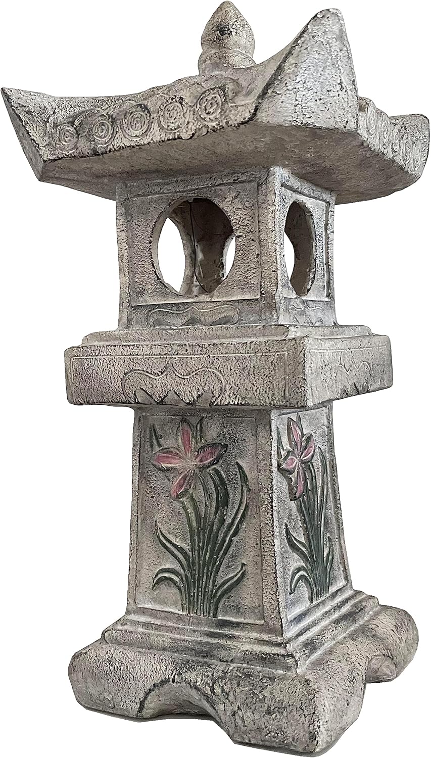 23.6’’High Asian Orchid Pagoda Statue Solar-Powered LED Light Miniature Tower Lantern Garden Decoration Figurines Solar Lamp Outdoor Japanese Decoration Zen Courtyard Landscape