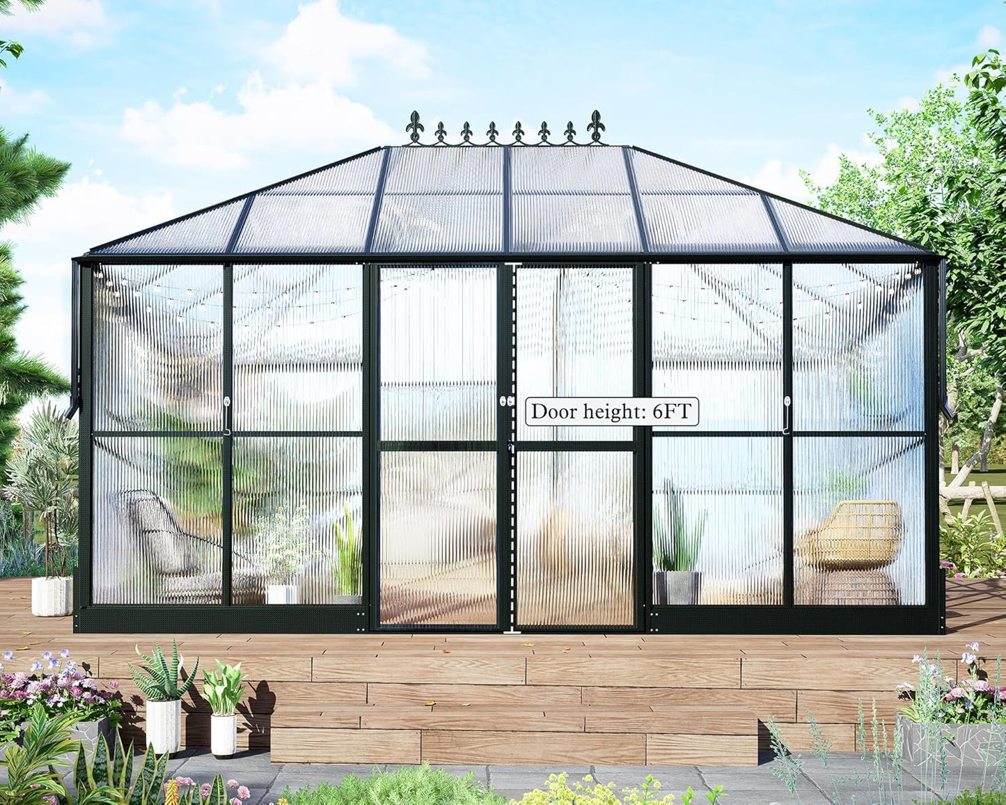 Howe 14x9.5x9 FT Polycarbonate Greenhouse with 2 Vents and Double Swing Doors 6FT Added Wall Height, Walk-in Large Sunroom Aluminum Greenhouse for Outdoors, Black