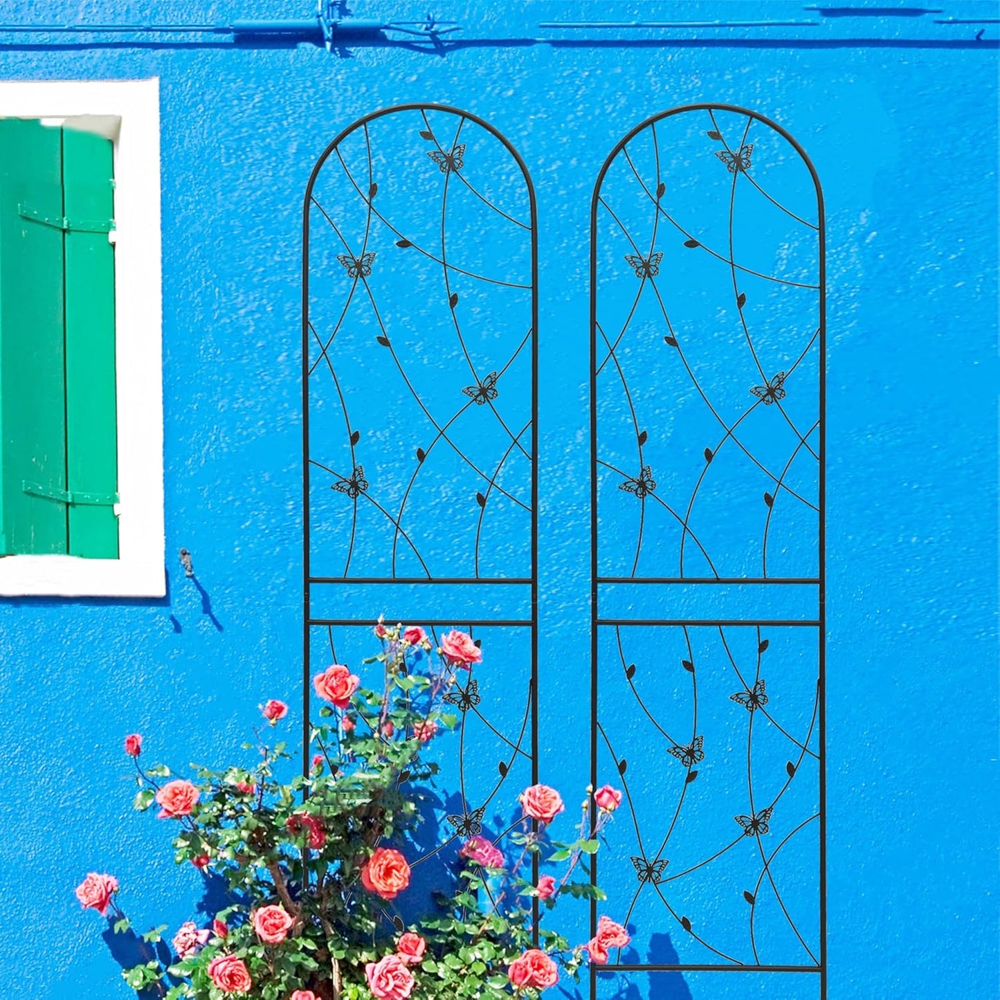 2 Pack Metal Garden Trellis for Climbing Plants, 86.7" Tall Rustproof Outdoor Trellis Panel with Butterfly Design, Decorative Black Iron Plant Support for Vine, Rose, Flower, Garden Wall