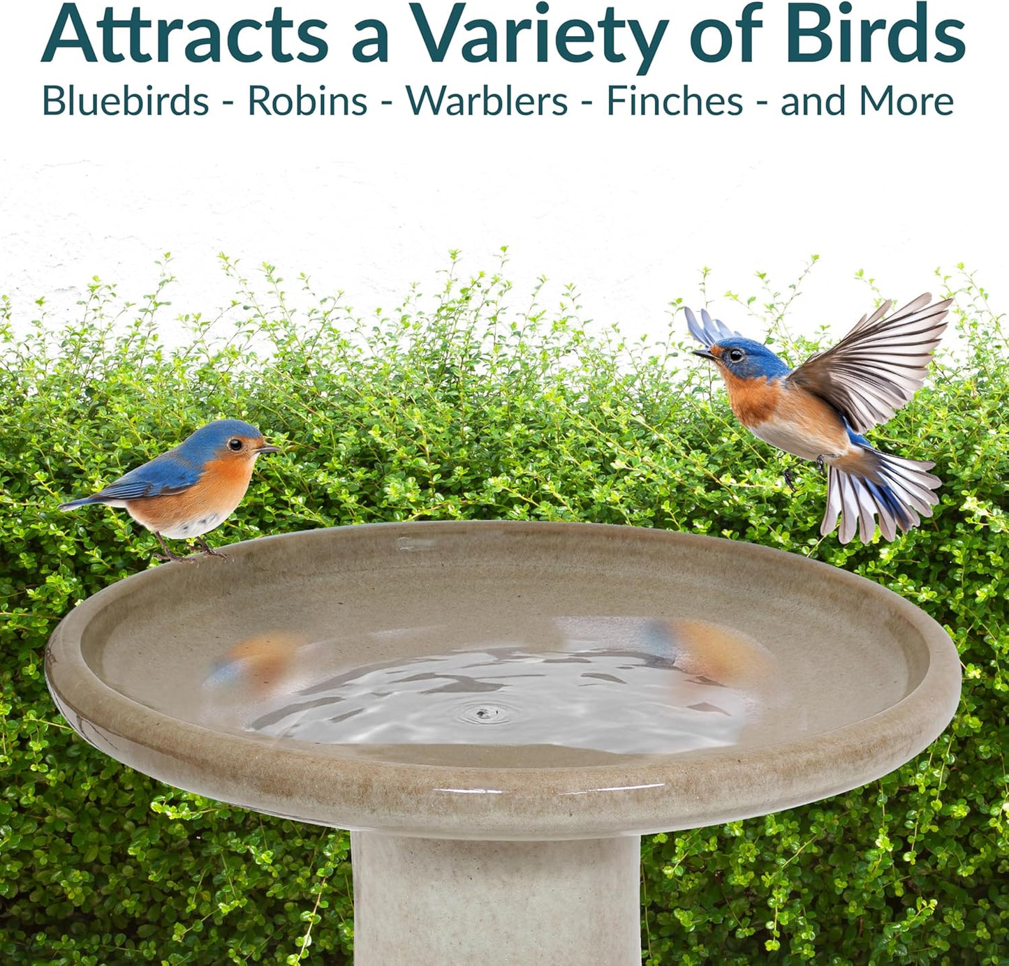 Sunnydaze 21" H Ceramic Bird Bath for Outside - Hand-Painted Outdoor Bird Bath Bowl, UV/Frost-Resistant Finish - Yam - Ribbed Pedestal