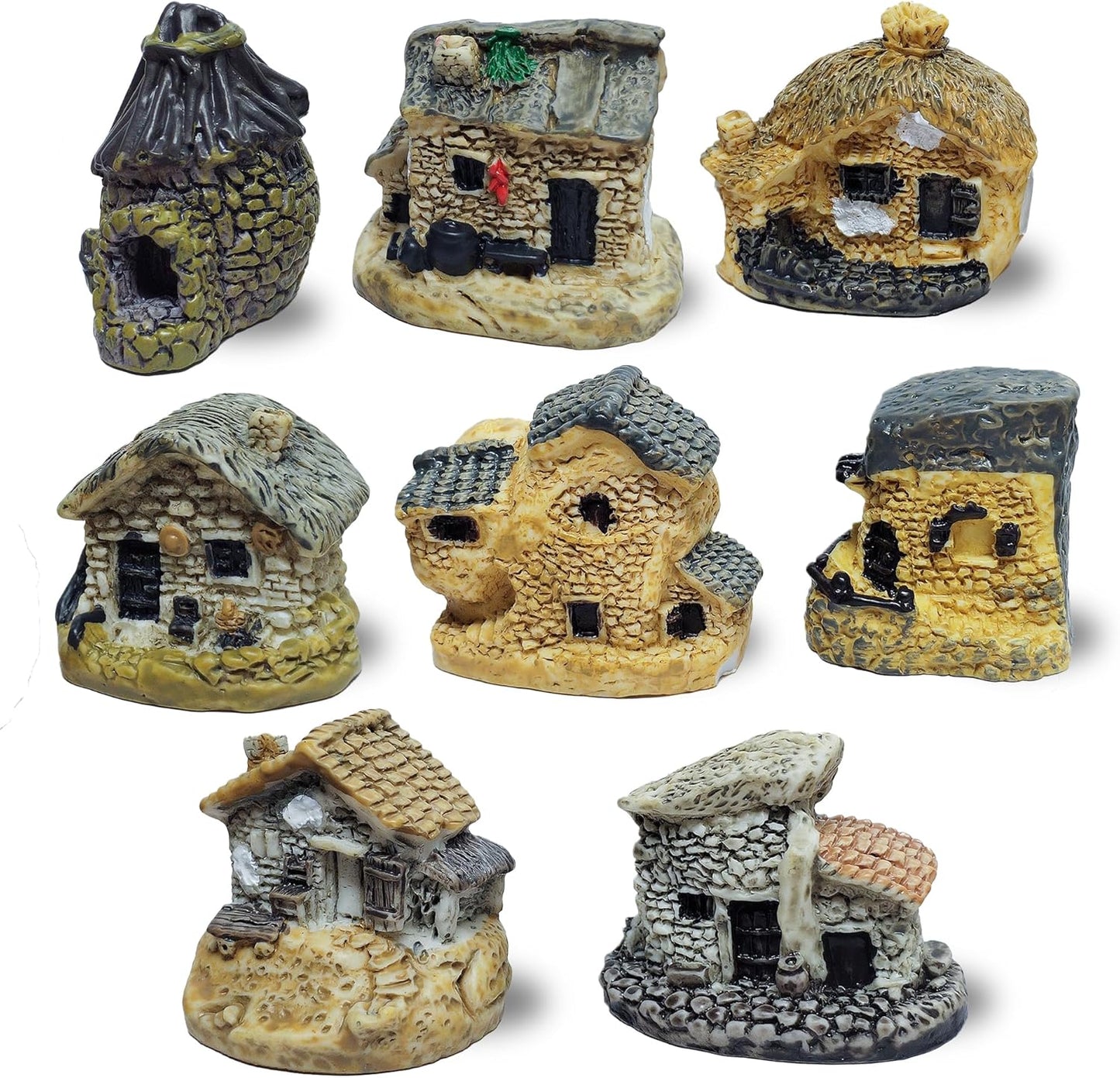 8PCS Miniature House Figurines Mini Resin House Micro Landscape Decoration Tiny Village Hut Cottage Fairy Garden Accessories Succulent Planting Flower Pot Terrarium Decor