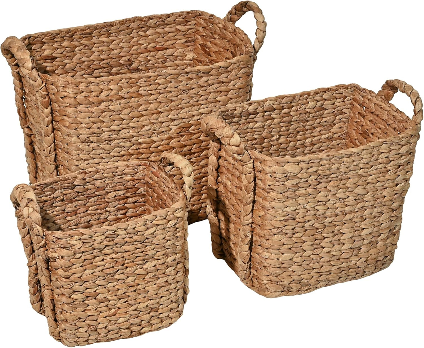 happimess BSK2001A-3SET Clara Farmhouse Classic Handwoven Hyacinth Rectangle Floor Wicker Storage Baskets with Handles, Natural (Set of 3), Seagrass Containers for Decoration in Living Room, Bedroom