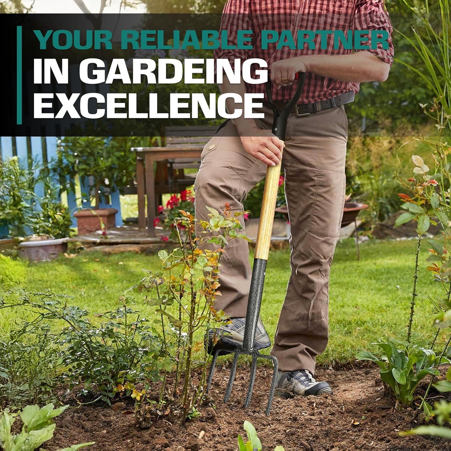 2WAYZ Pitchfork for Gardening - Heavy-Duty Broad Garden Fork - Stainless Border Digging Fork - Wood and Steel Pitch Fork- Durable, Rugged, Professional Quality Tool - 40.6 x 7.1 inch (Black and Red)