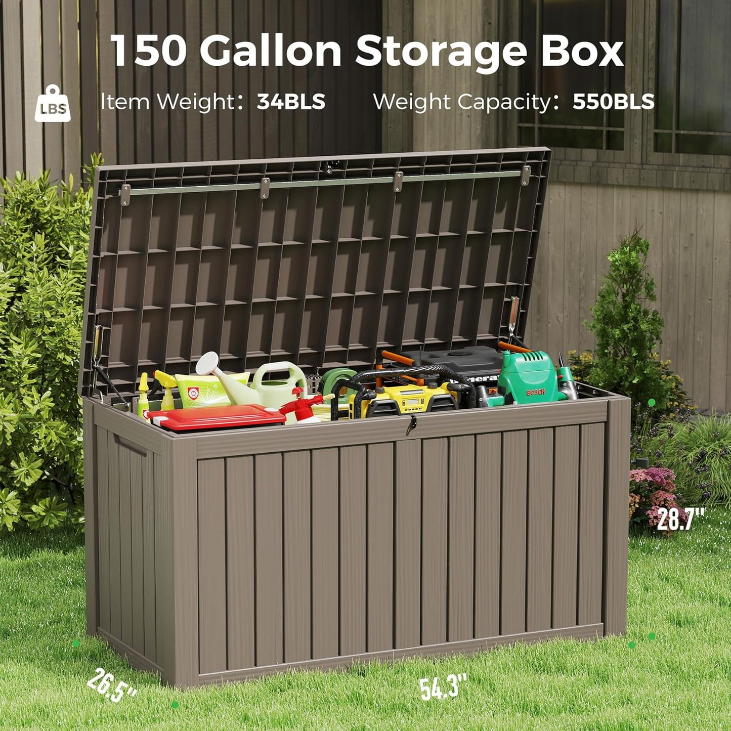 150 Gallon Resin Deck Box, Large Indoor and Outdoor Storage Box, Weatherproof and UV Resistant Outdoor Storage Box with Built-in Steel Beams for Patio, Cushions, Pool Supplies