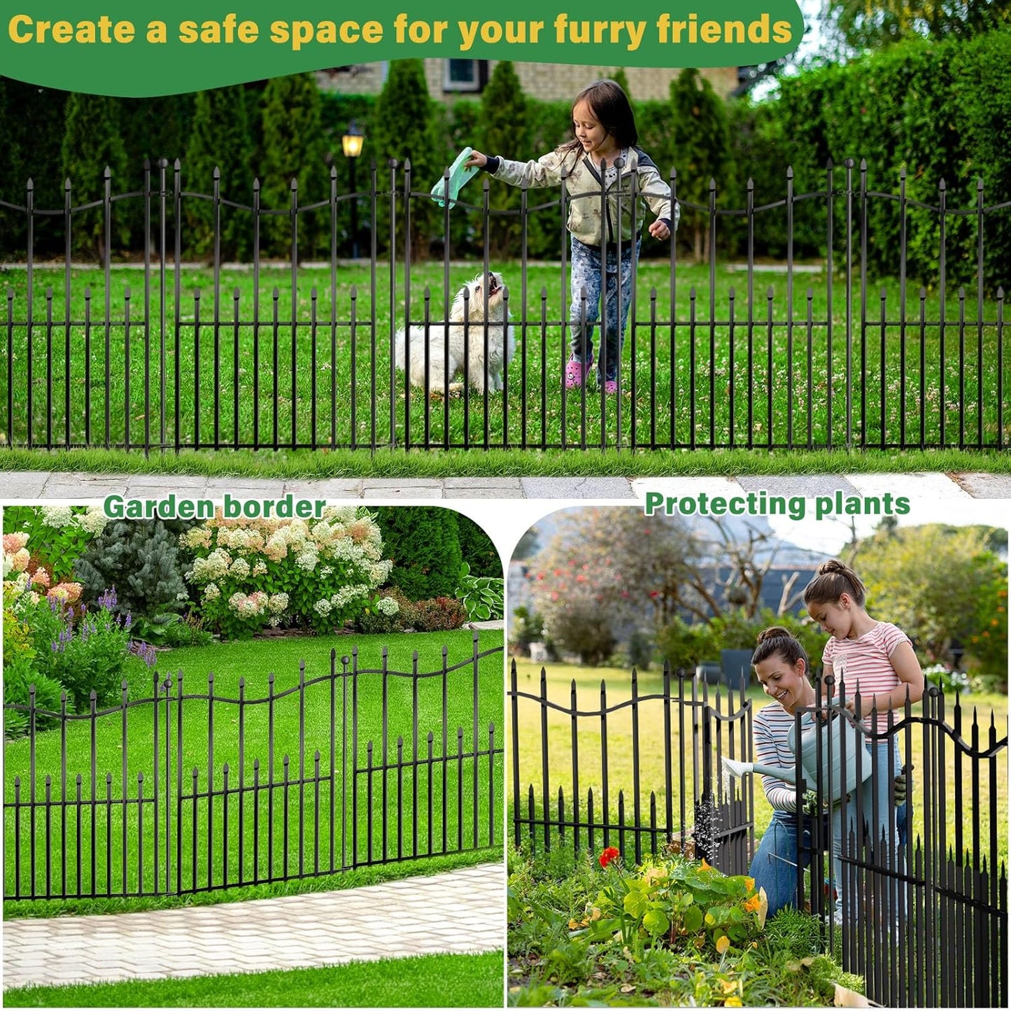 8 Panels No Dig Decorative Garden Fence with Gate, 40in(H) × 17.6ft(L) Heavy-Duty Rustproof Metal Panels, Outdoor Dog Barrier for Yard & Patio, Landscape, Border| Portable Temporary Fencing