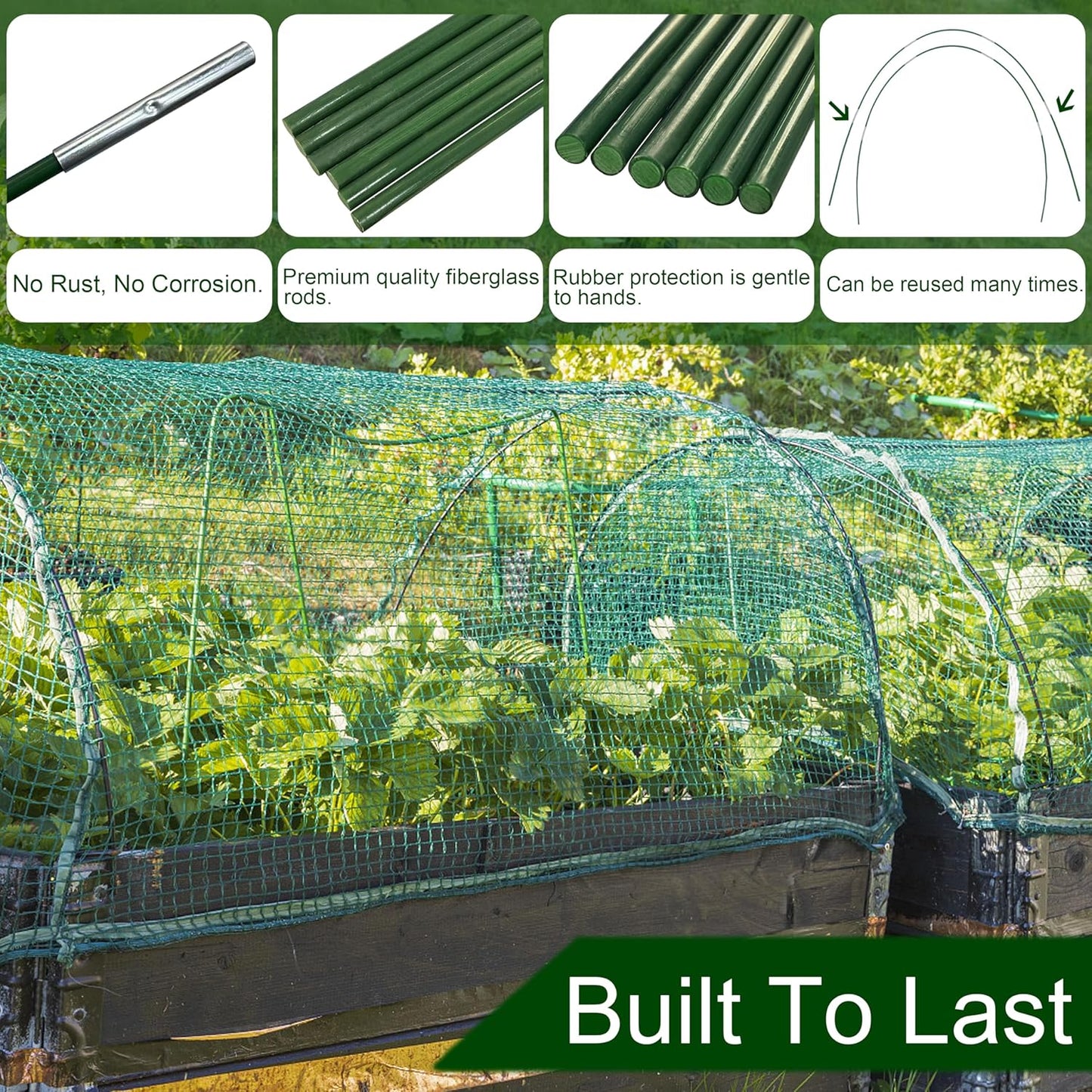 PHYEX Garden Hoops Greenhouse Hoops for Row Covers & Raised Beds, Rust-Free Fiberglass Frame, DIY Adjustable Garden Tunnel with Clips for Plant Covers, Netting, & Frost Protection, 60pcs