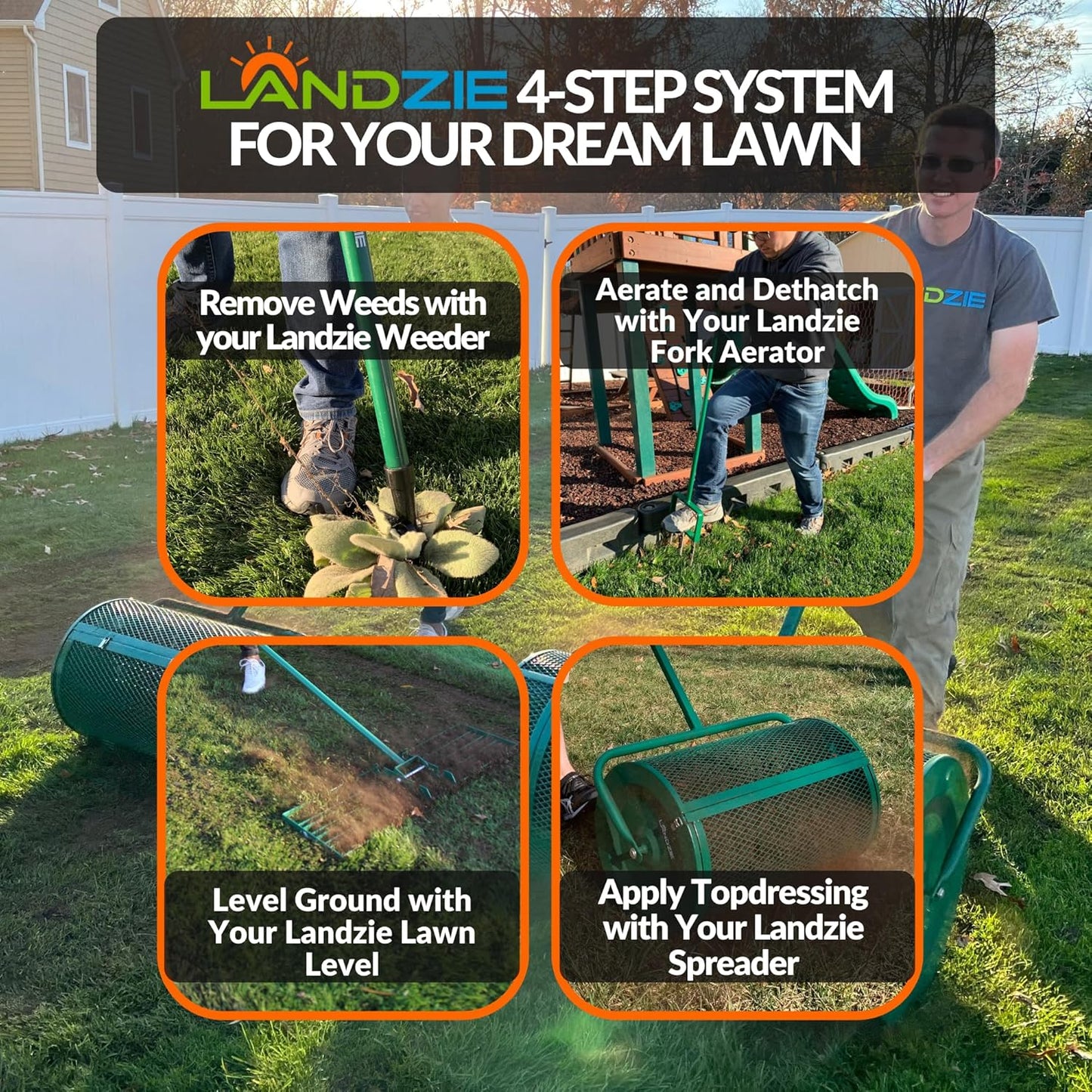 Landzie - The Original Hollow and Spike Tine Lawn Aerator Set - Includes 1 Aerator + Set of 3 Hollow Tines and 3 Spike Tines - 42 Inch Manual Stainless Steel Gardening Hand Tool