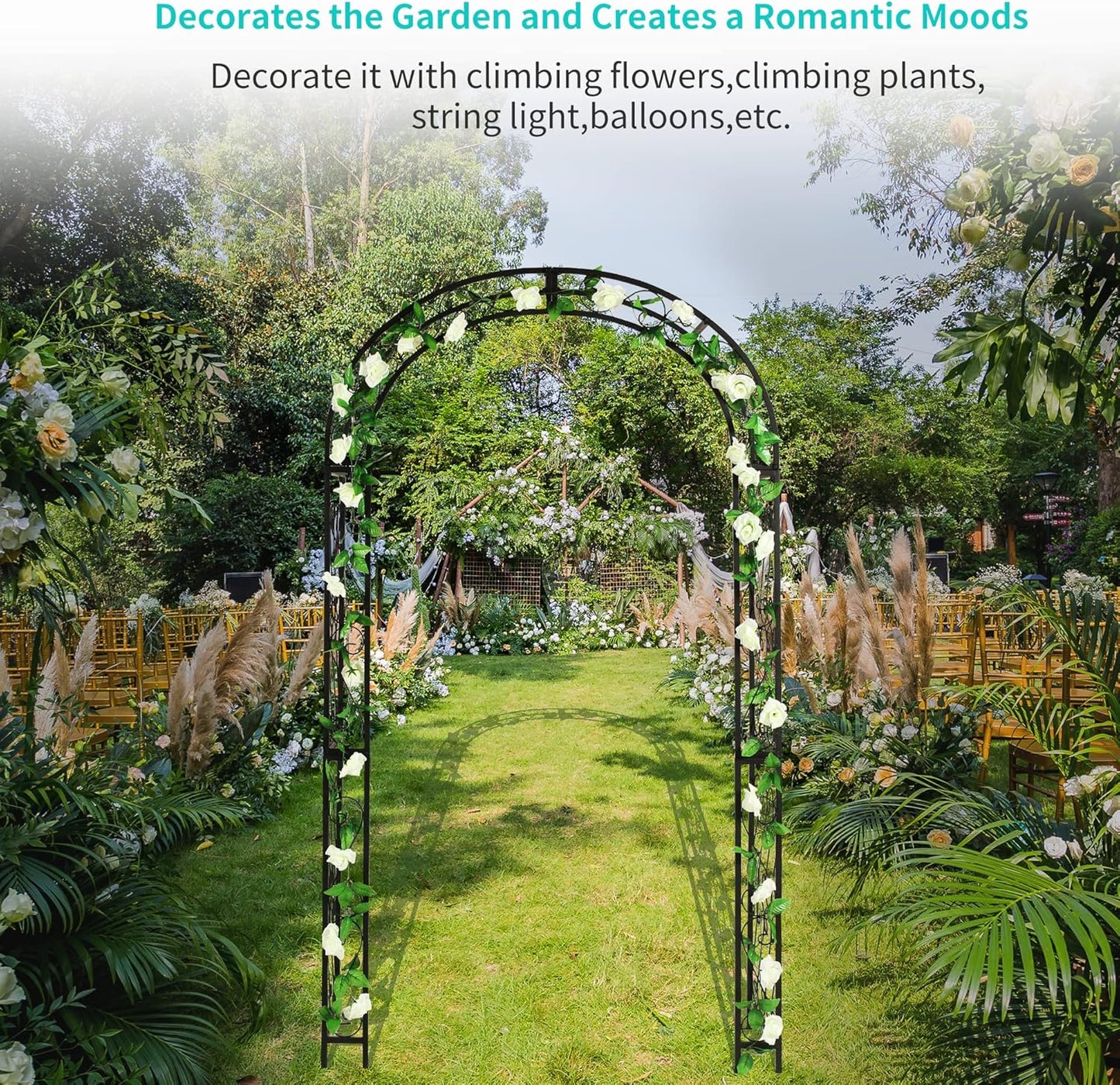 48.8" W x 83.8" H Garden Arch, Black Sturdy Metal Iron Arbor, Courtyard Cast Trellis for Various Climbing Plant, Outdoor European-Style Archway Wedding Ceremony Party