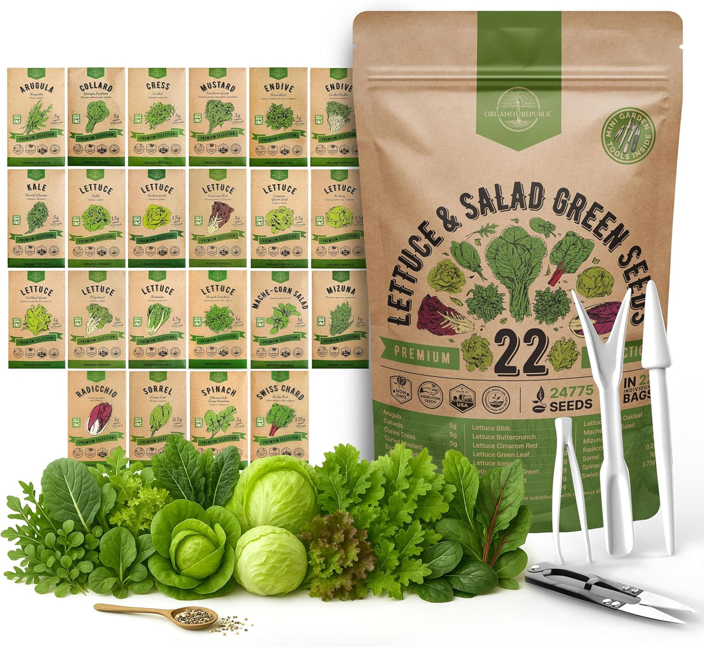 Organo Republic 22 Lettuce & Salad Greens Seeds Variety Pack 24,700+ Non-GMO Heirloom Lettuce Seeds for Indoor & Outdoor Garden, Hydroponics, Aerogarden - Arugula, Kale, Spinach, Swiss Chard, Lettuce