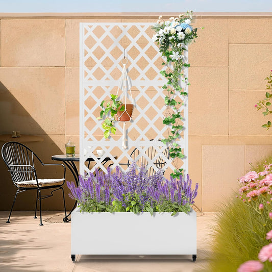Metal Planter Box with Trellis, Heavy-Duty Raised Garden Bed for Climbing Plants, Drainage Hole, Outdoor Planter Box with Privacy Screen，35''L×16''W×71''H