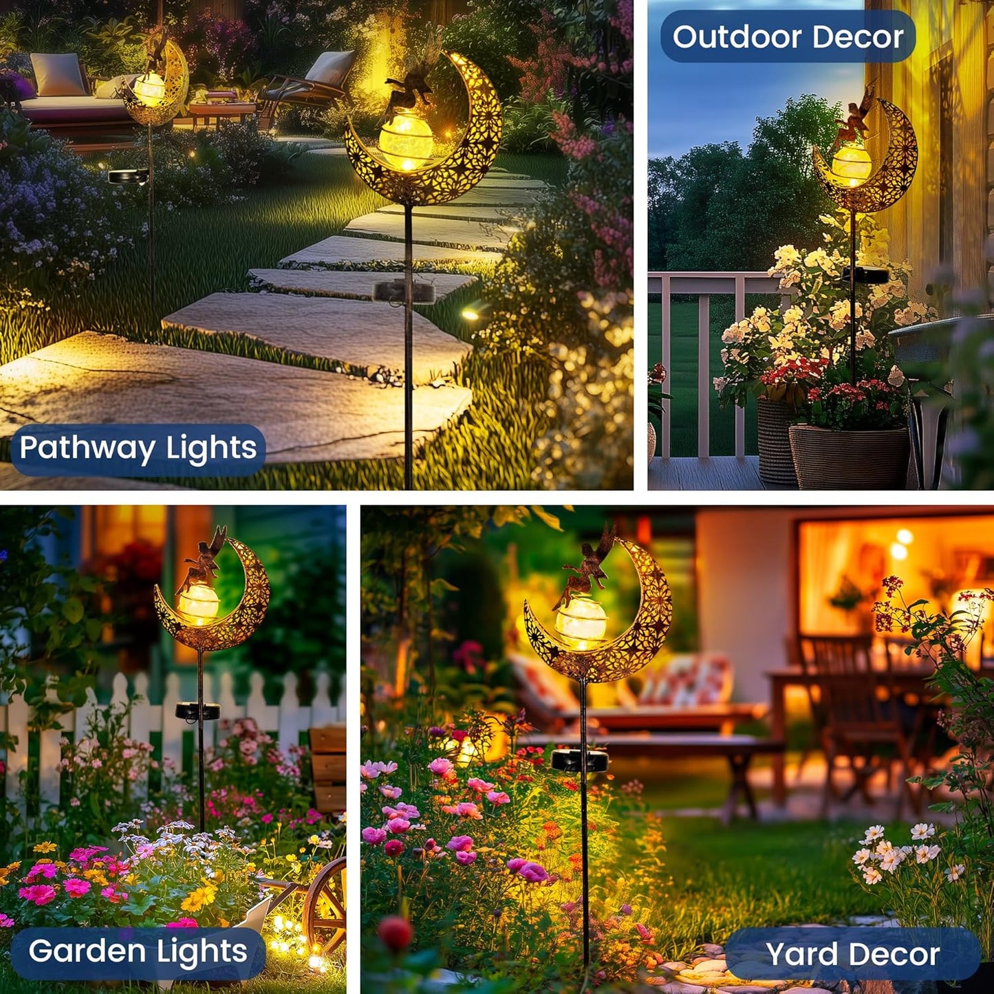 Fairy Garden Solar Lights Outdoor Moon Stakes, Waterproof Outdoor Metal Decor Gifts for Women Mom, Art Moon Sculpture for Yard, Patio, Garden, Porch, 1 Pack