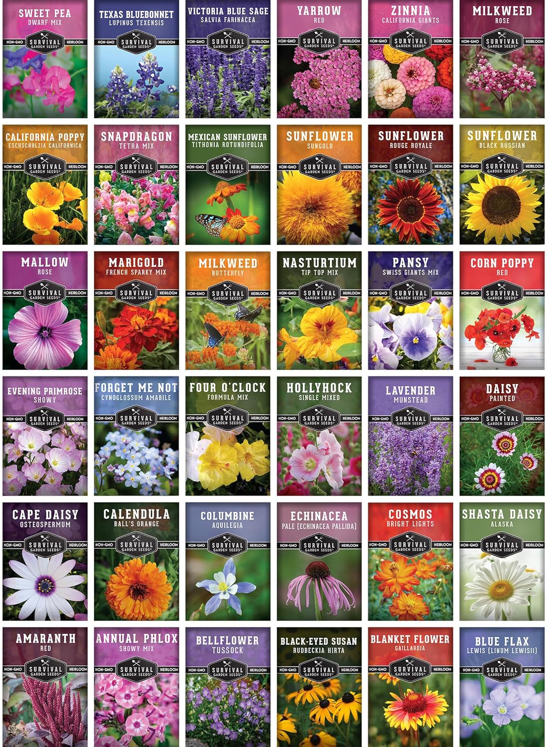 Survival Garden Seeds Functional Flower Garden Kit | 36 Pack Seed Starter Collection | Bee, Butterfly, Hummingbird, Pollinator-Friendly Blooms | Non-GMO Heirloom Beneficial Flowers & Wildflowers