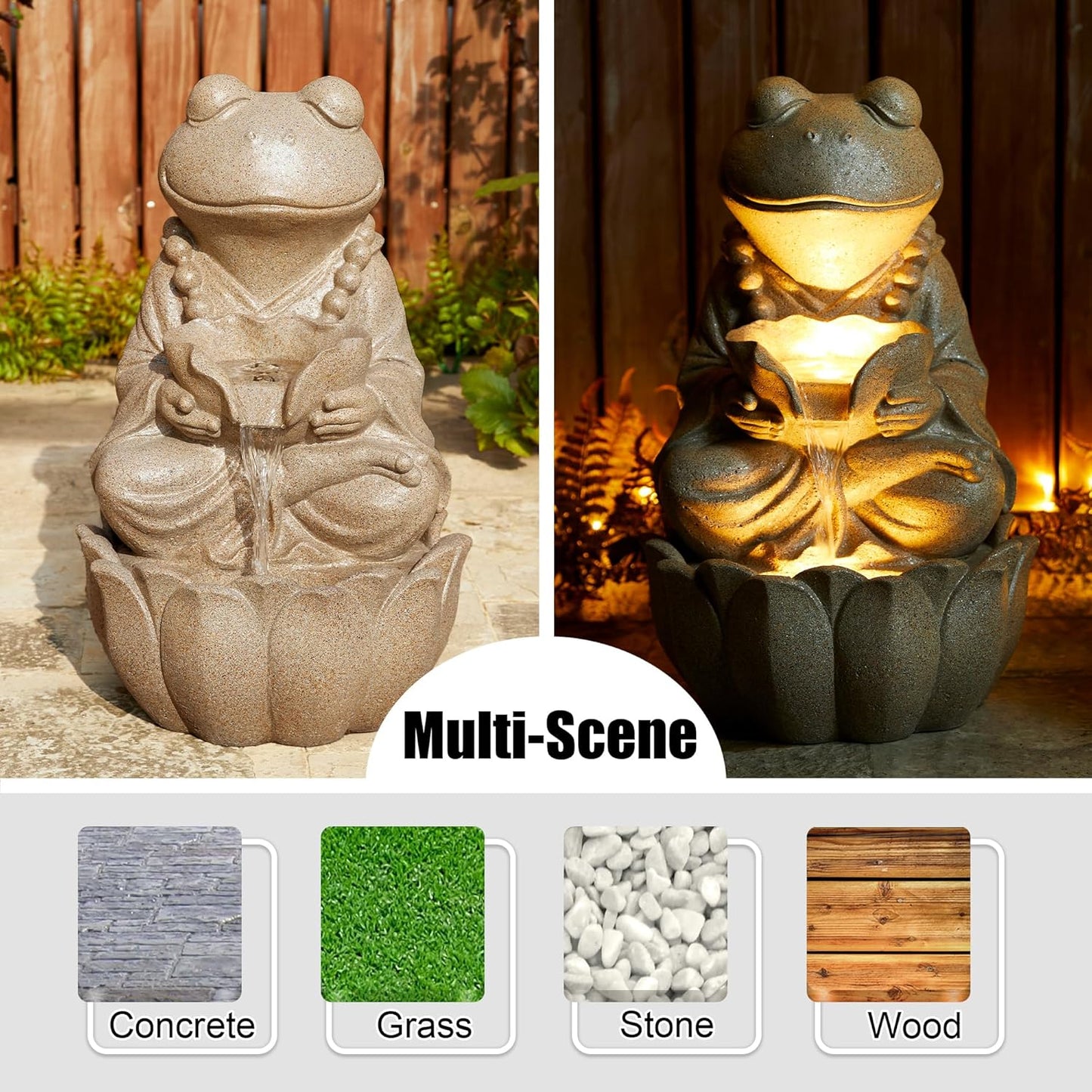 Glitzhome Outdoor Fountains and Waterfalls Zen-Style Frog Water Fountains with LED & Pump, Patio Water Fountain Yard Fountain 2 Tier Floor Waterfall for Backyard Lawn Garden Porch 22" H, Sand Beige