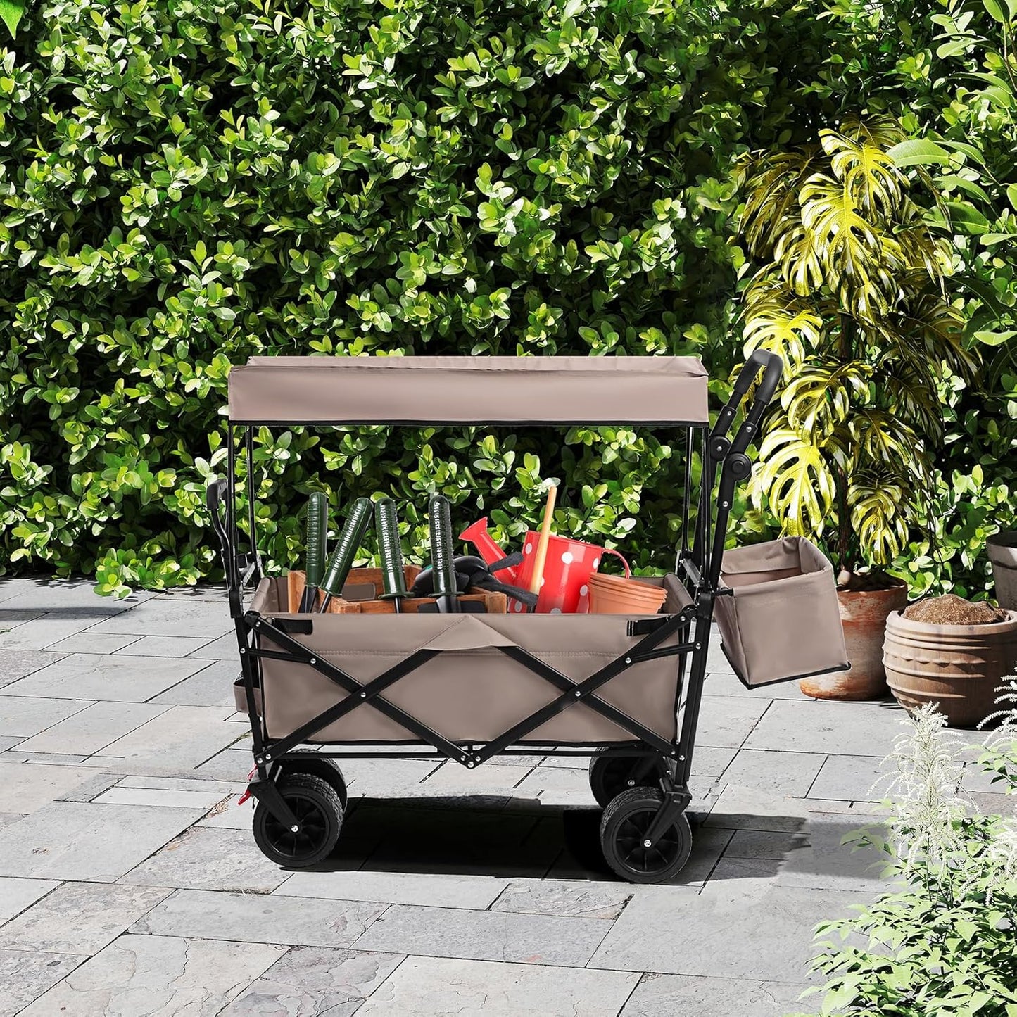ALIMORDEN Foldable Canopy Wagon Garden Cart, Heavy Duty Outdoor Utility Collapsible Tool Cart with Removable Canopy and Big Wheels, Khaki
