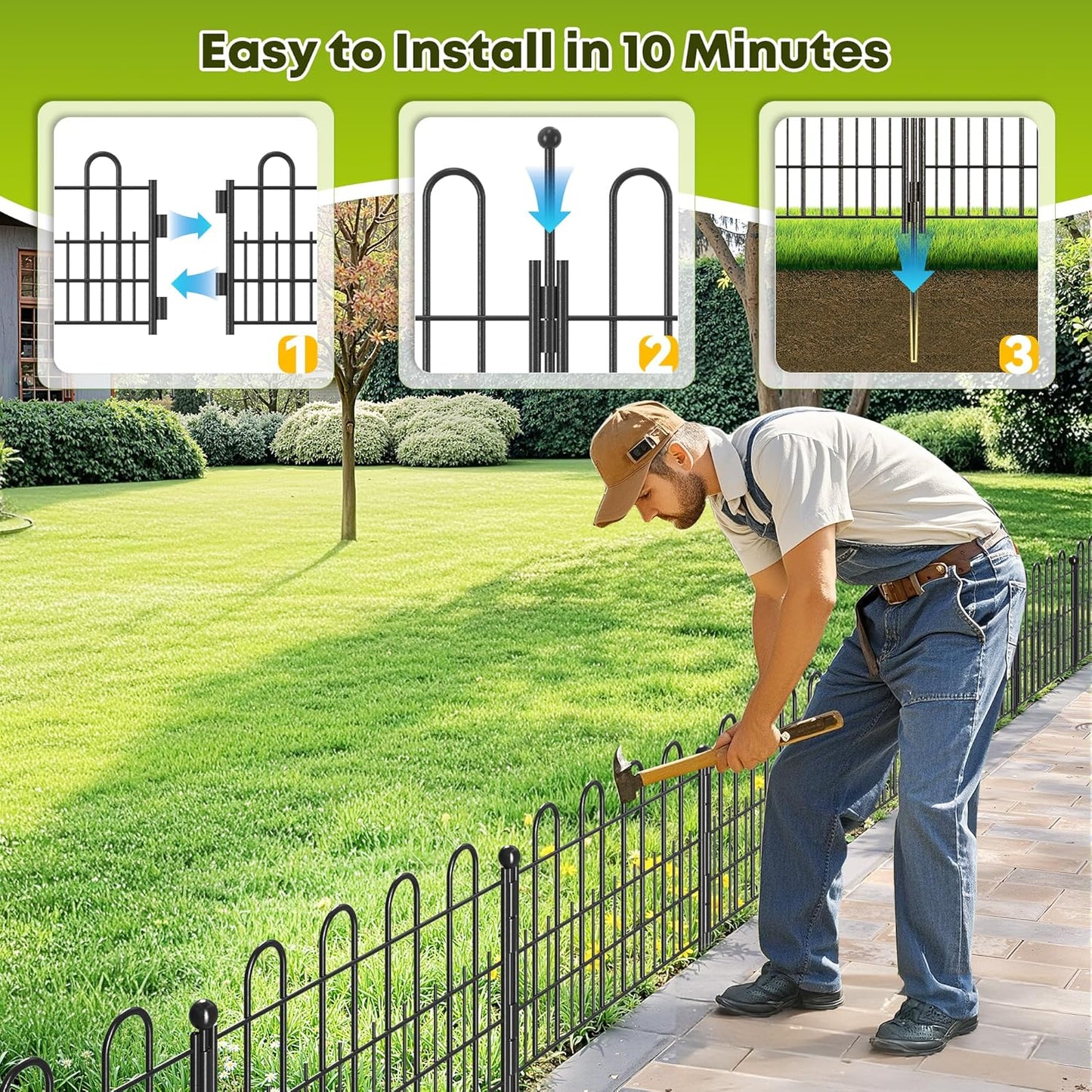 10 Panels Garden Fence with Latch Gate, 11.81in (H) X 16.42ft(L) Animal Barrier Fence with 1in Gaps for Rabits, Dog Fencing Outdoor for Yard, Flower Beds, Patios, Vegetable Patches