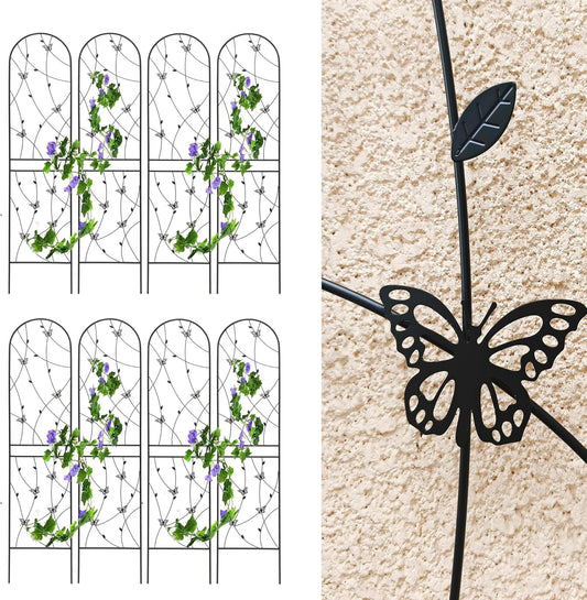 8 Pack Metal Garden Trellis for Climbing Plants, 71" Tall Rustproof Outdoor Trellis Panel with Butterfly Design, Decorative Black Iron Plant Support for Vine, Rose, Flower, Garden Wall