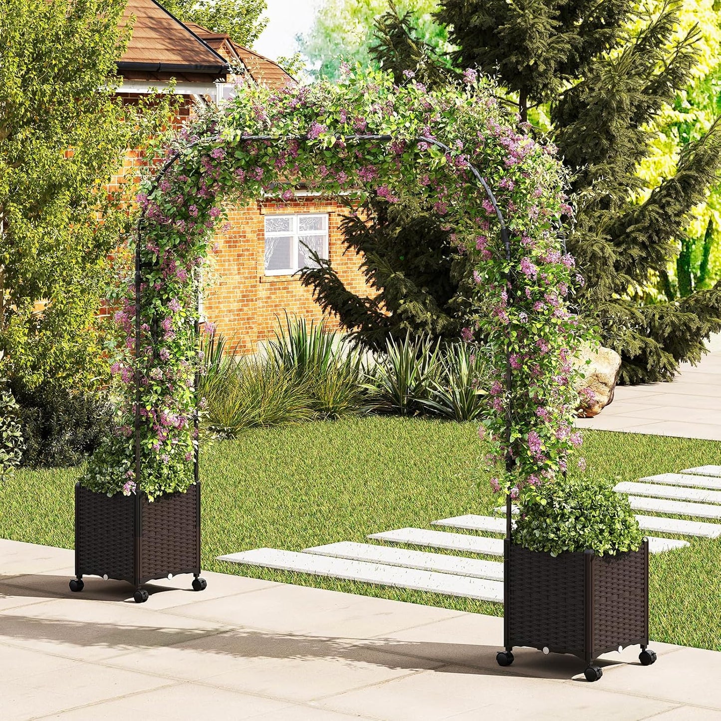 Happygrill 80" Garden Arch Trellis, Metal Archway Pergola with 2 Planter Boxes, Detachable PE-Coated Metal Tubes, Self-Watering System & Lockable Wheels, Outdoor Arbor for Climbing Plants