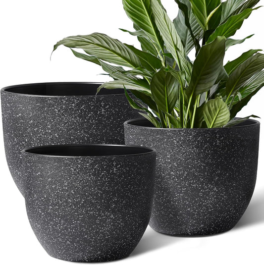 Giraffe Creation 12/10/9 Set of 3 Speckled Black Plant Pots, Modern Indoor & Outdoor Planters with Drainage Holes and Saucers