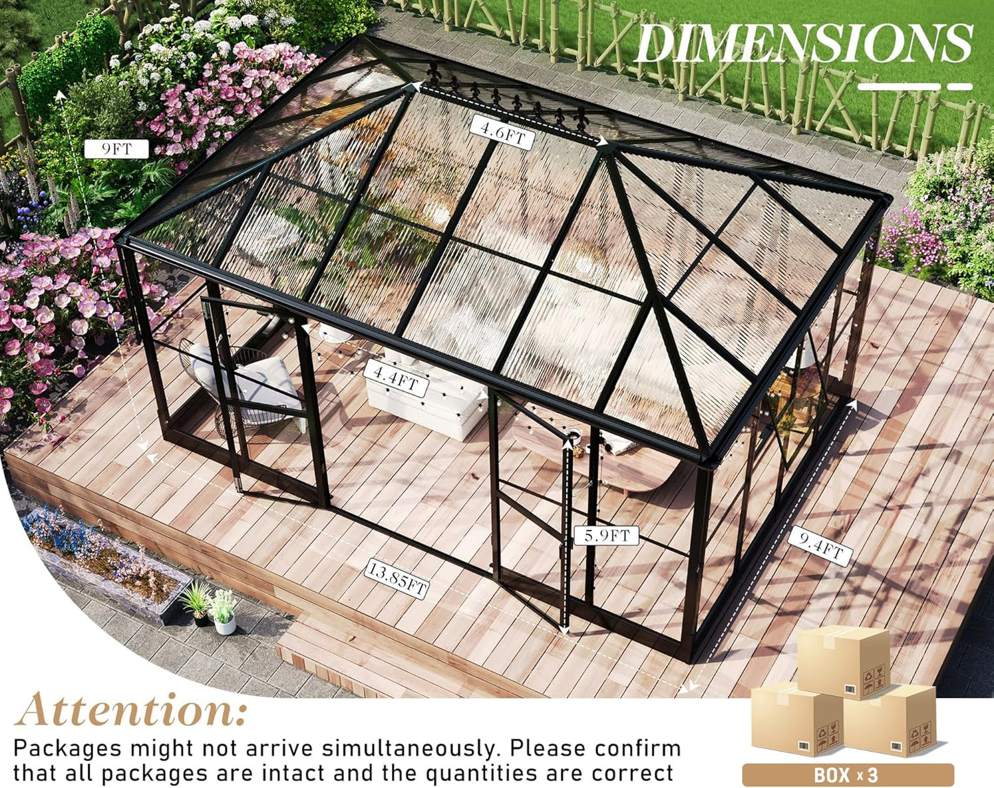 HOWE 14x9.5x9 FT Pavilion Styled Greenhouse with Clear Panels Double Swing Doors, 6 FT Wall Height Hybrid Polycarbonate Greenhouse, Green Houses for Outdoors, Sunroom Black