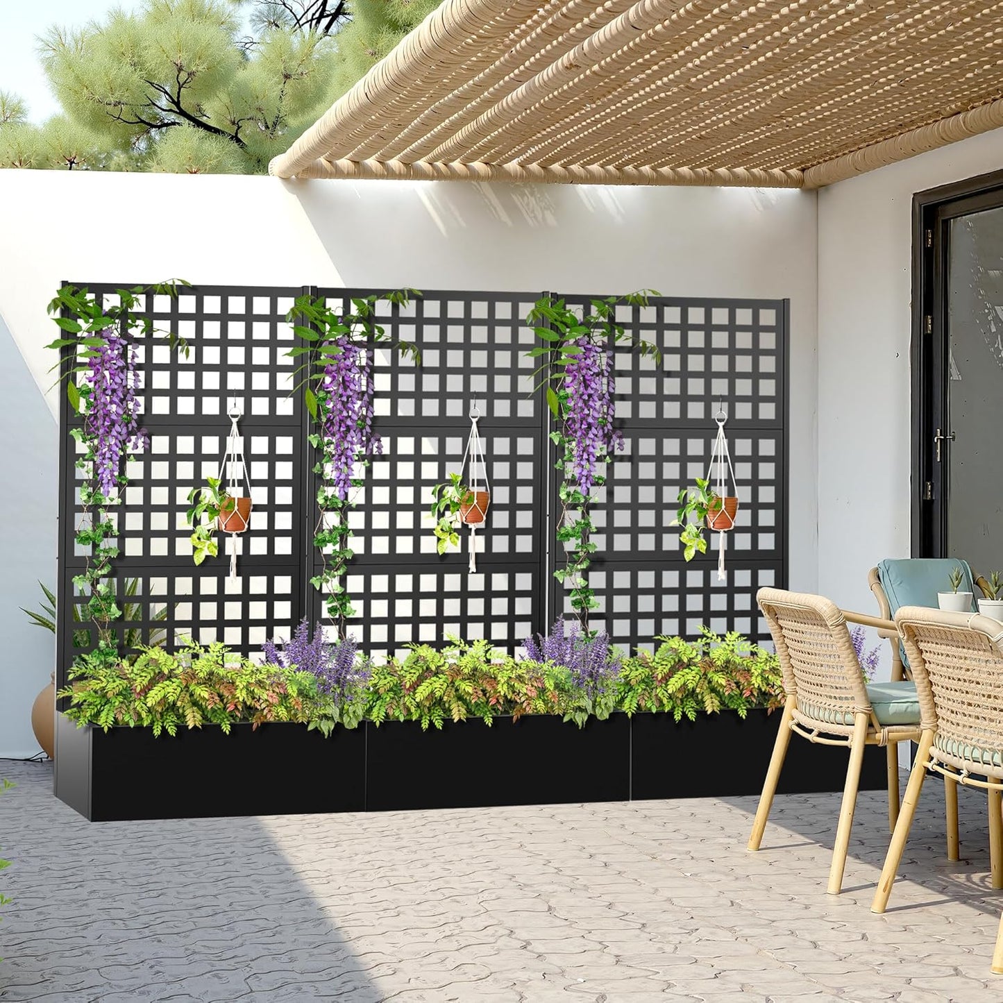 Metal Planter Box with Trellis, Heavy-Duty Raised Garden Bed for Climbing Plants, Drainage Hole, Outdoor Planter Box with Privacy Screen，35''L×16''W×71''H