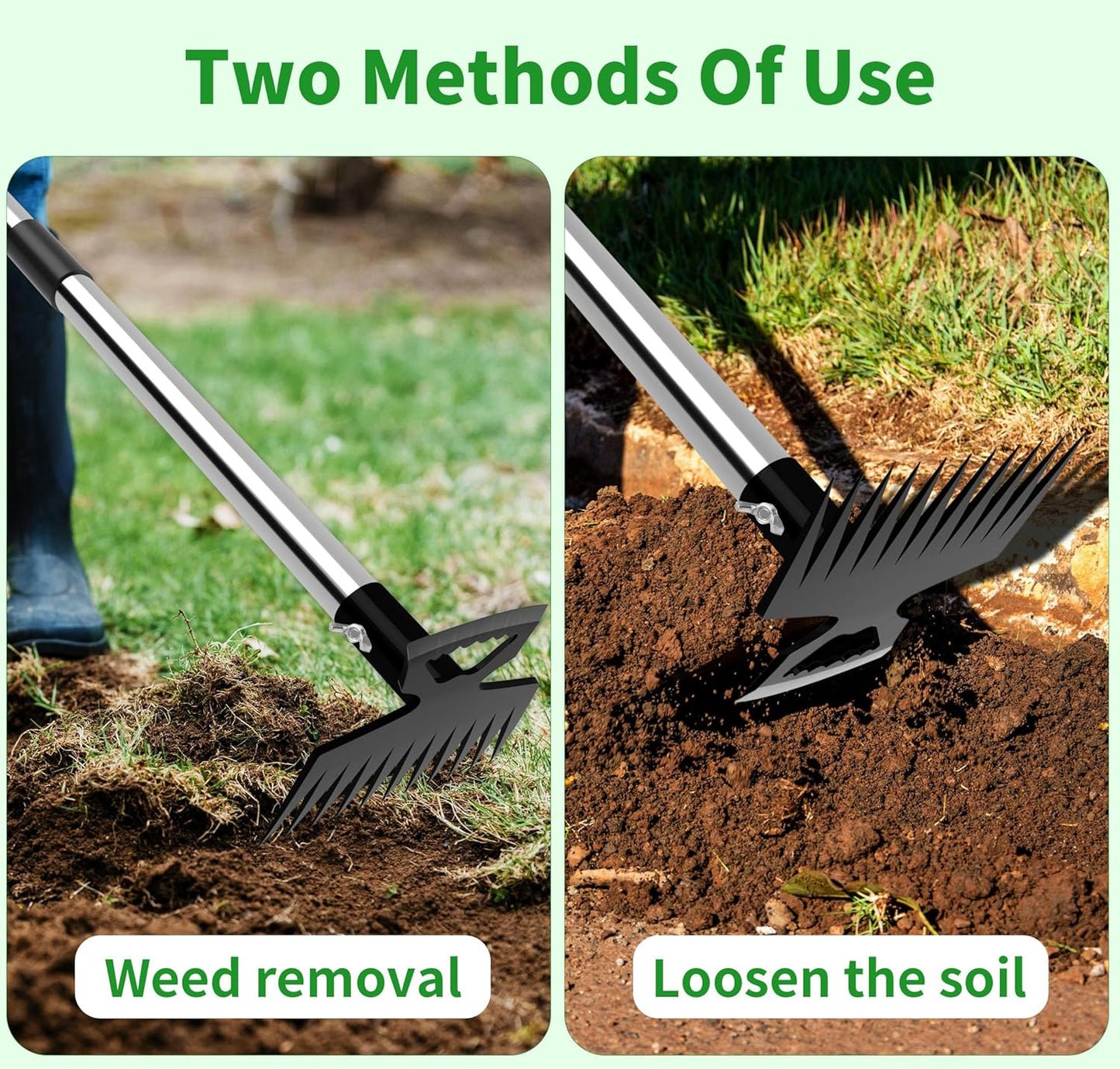 Weeding Puller Tool with Long Handle, 11 Tooth Manual Weed Rake Weeder Remover Tool Gardening with Gloves, Dandelion Gardenia Uprooting Tool for Yard, Lawn, Patio and Garden