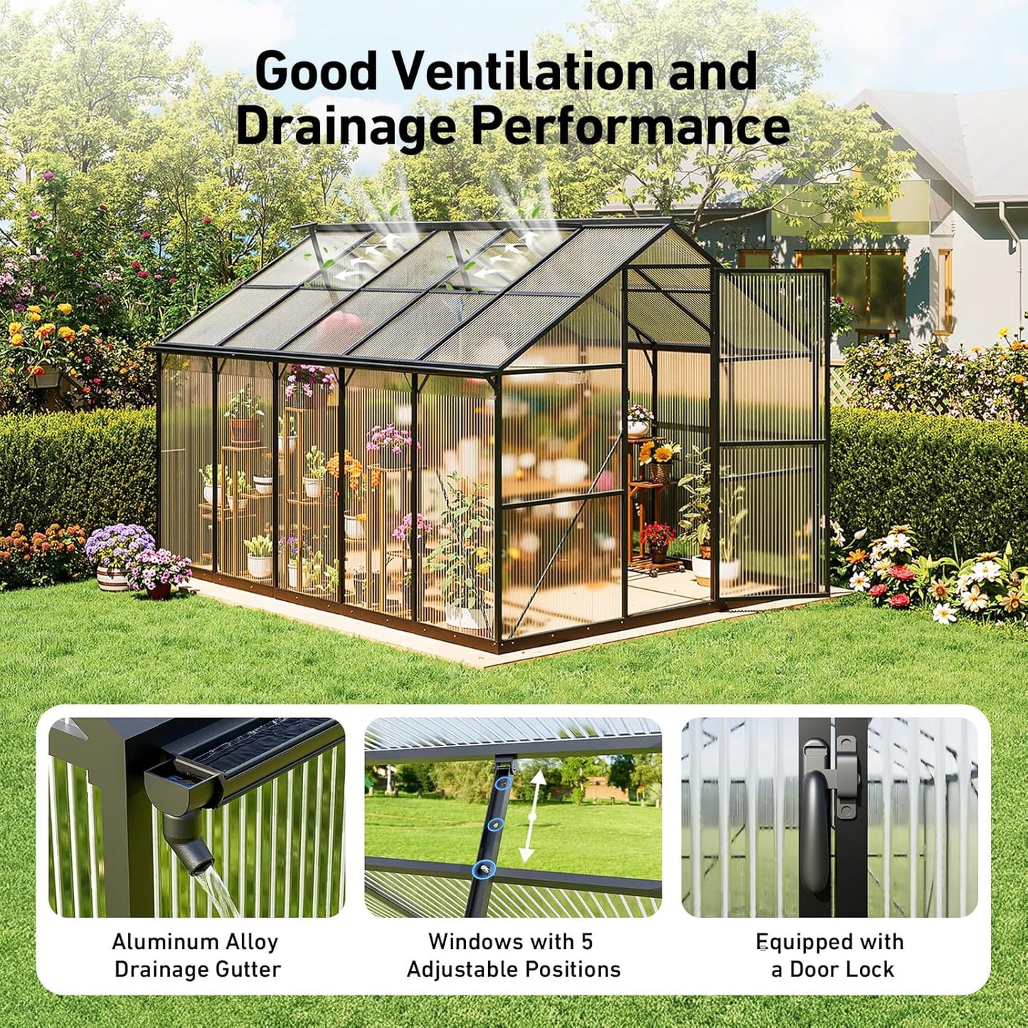 8x10FT Greenhouses for Outdoors, Polycarbonate Green House with UV Protection, Heavy Duty Greenhouse with Windproof Aluminum Frame, Roof Vent & Quick-Install Design for Backyard or Garden Use