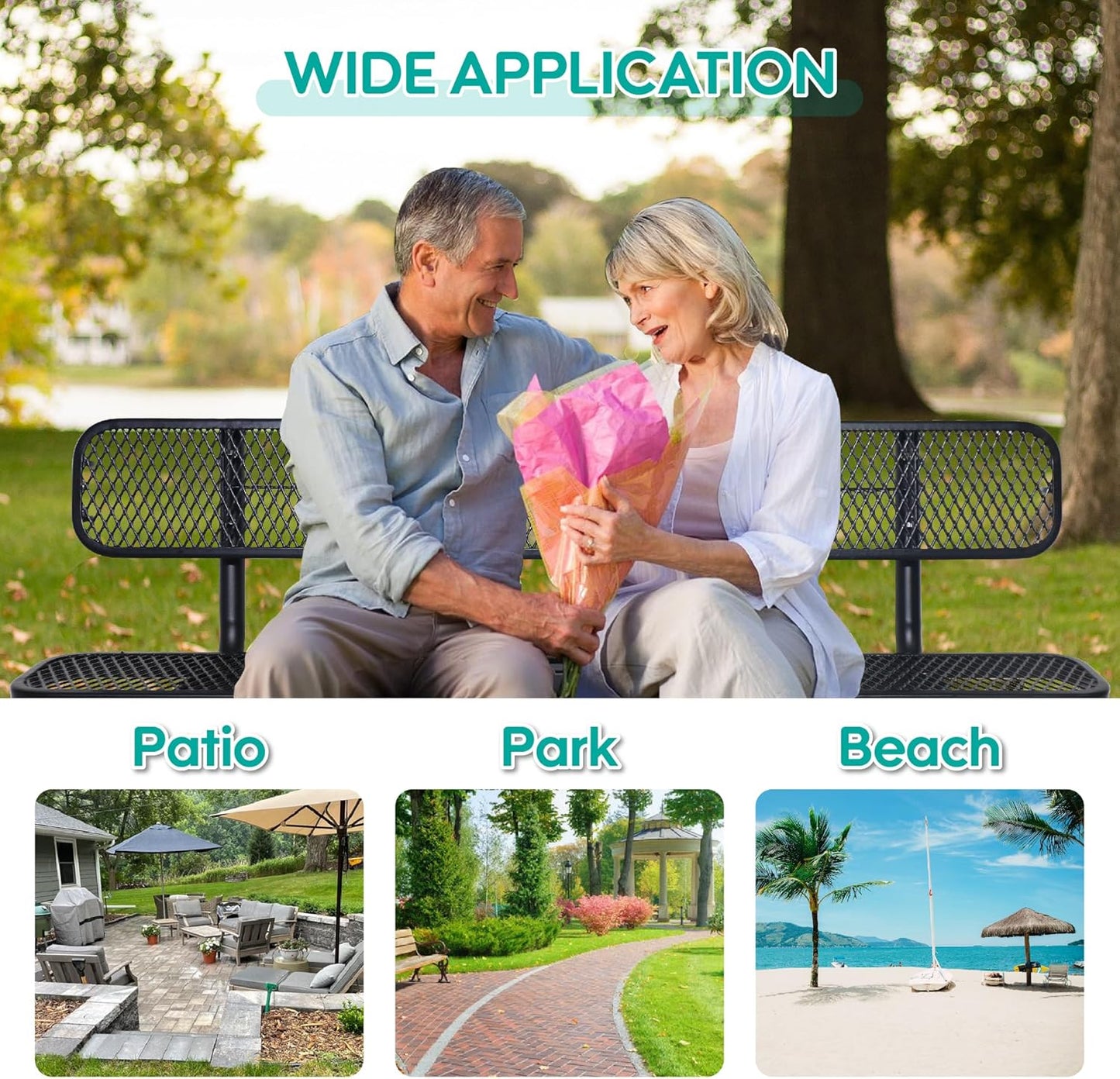 6FT Outdoor Metal Park Bench with Backrest, Outdoor Black Bench, Heavy-Duty Expanded Metal Picnic Bench Steel Mesh Portable Seating Patio Bench for Garden, Porch, Park,School,Road Sports